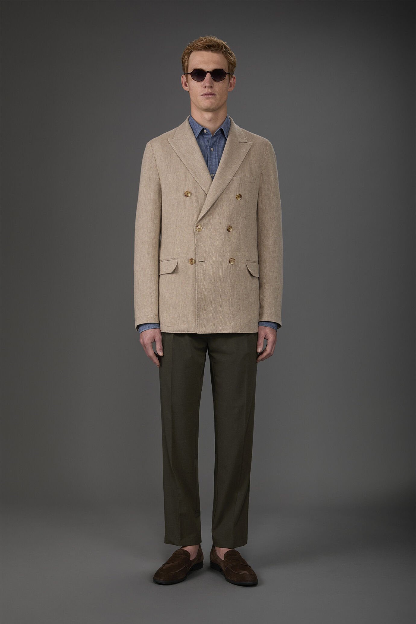 Men's unlined double-breasted jacket with peak lapels and flap pockets cotton and linen blend