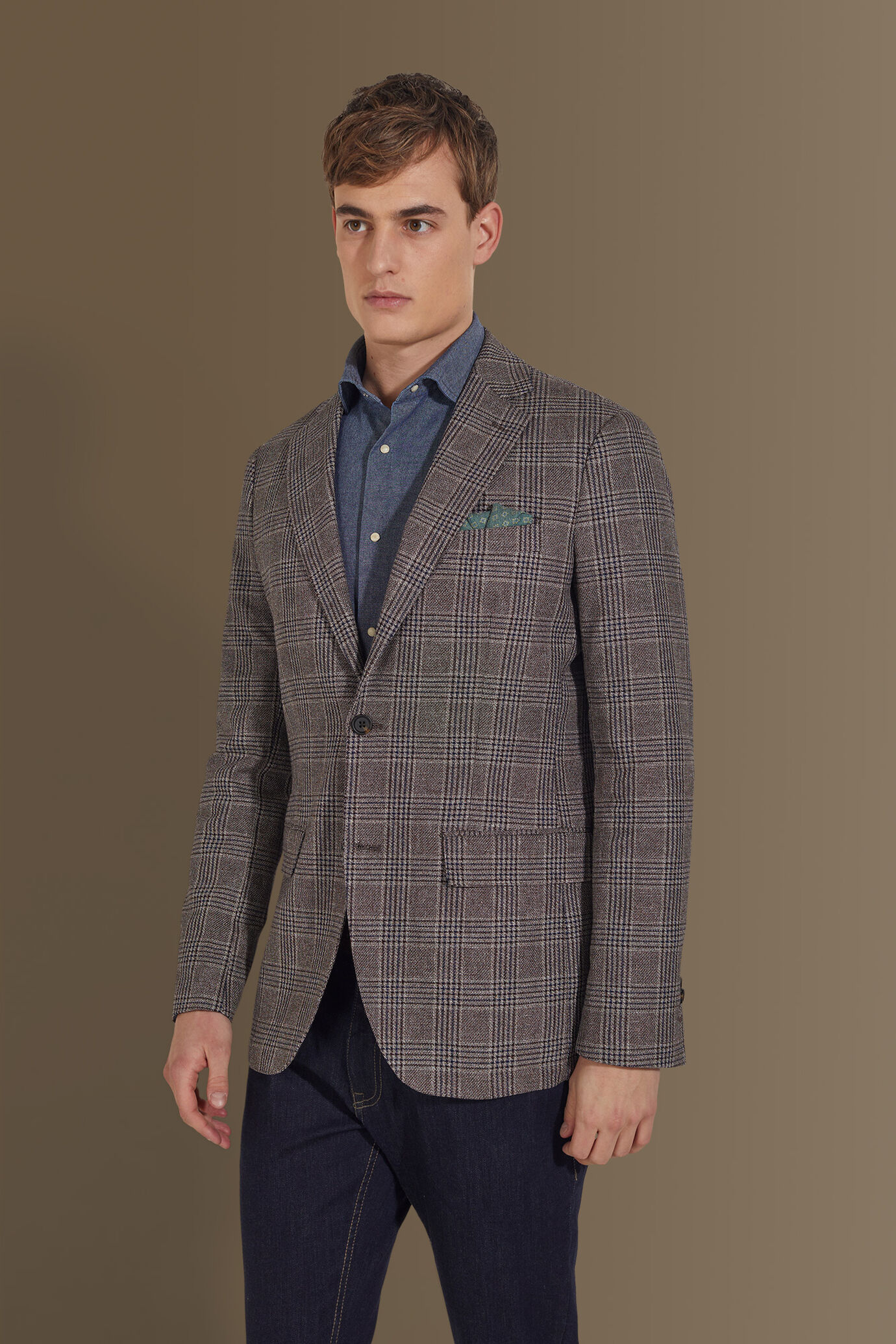 Single breasted jacket cotton linen fabric check design image number 2