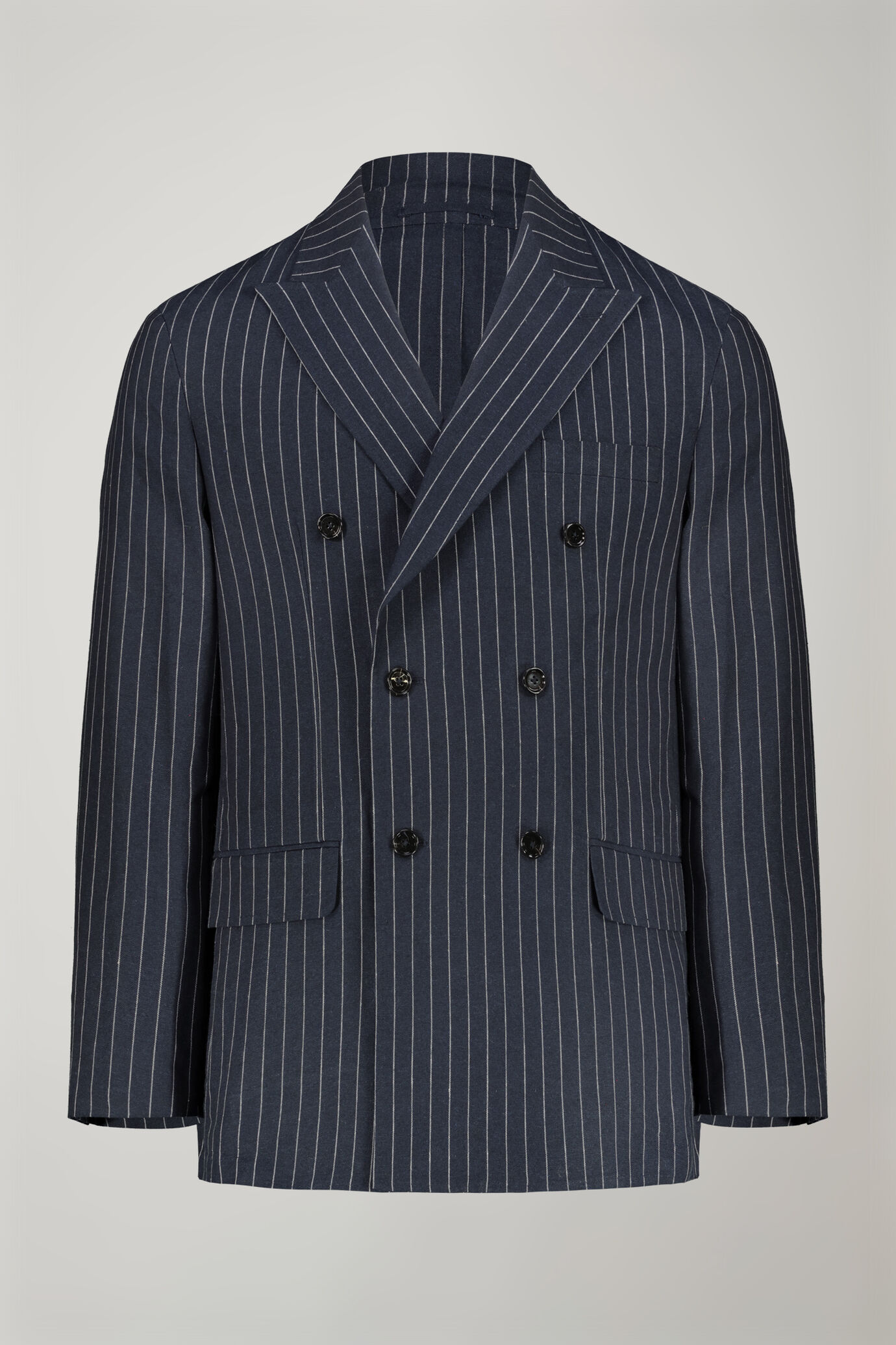 Veste croisée homme non doublée avec col en pointe et poches à rabat, en tissu lin et coton, motif à fines rayures coupe régulière image number 4