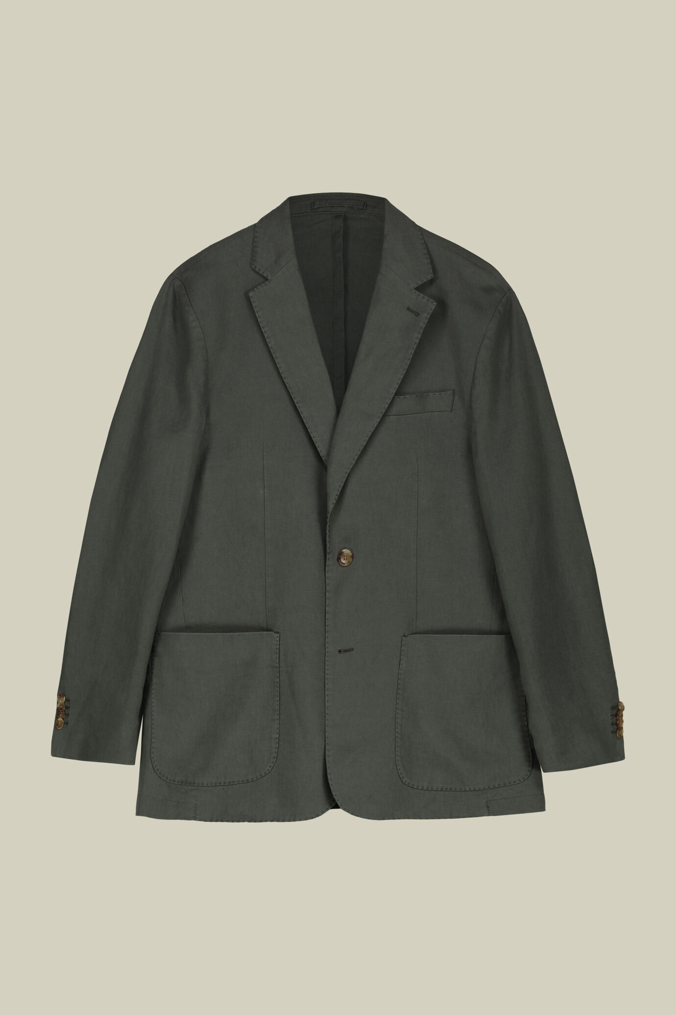 Veste homme à simple boutonnage, non doublée, avec revers classique et poches à rabat en 100% lin image number 4