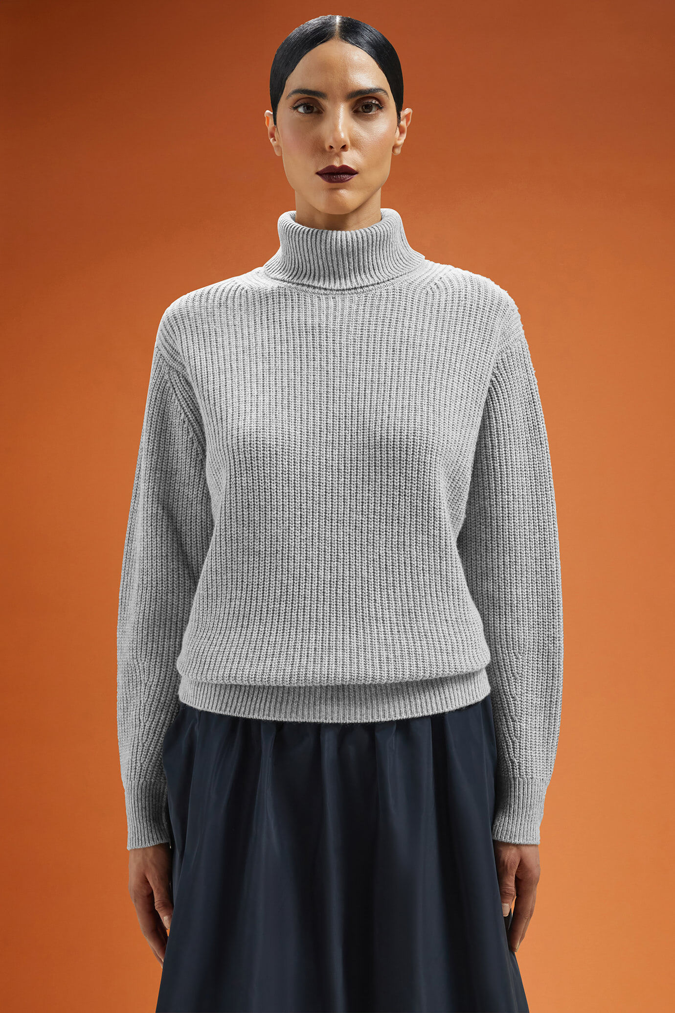 Women's regular fit ribbed knit jumper with a high neck