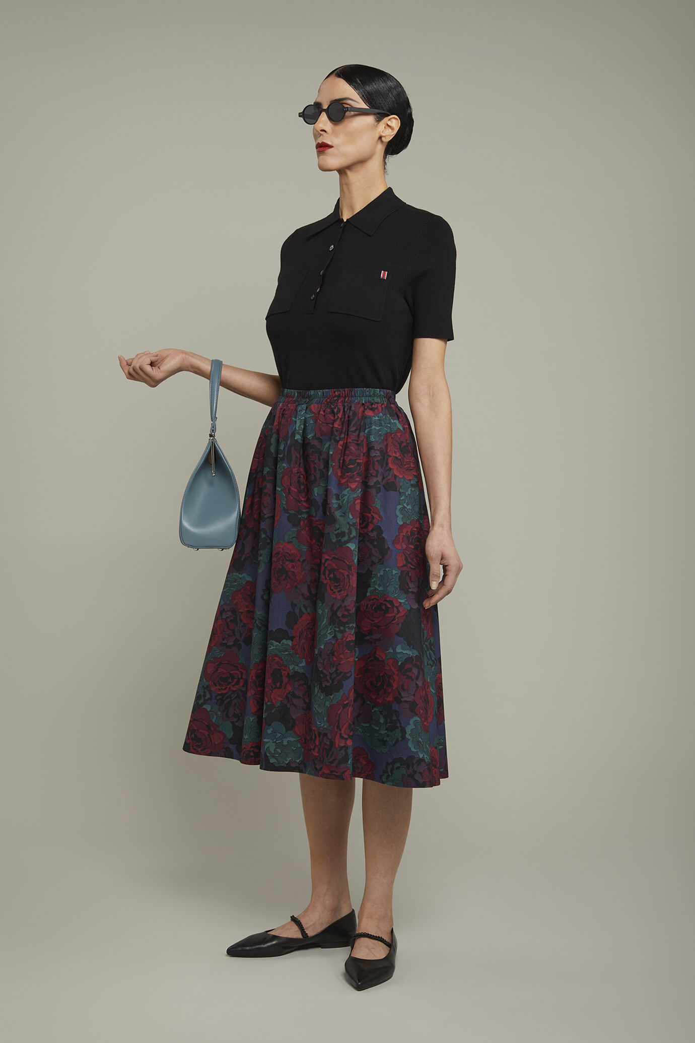 Jupe évasée femme en 100 % coton avec taille élastique, motif floral et coupe régulière image number 1