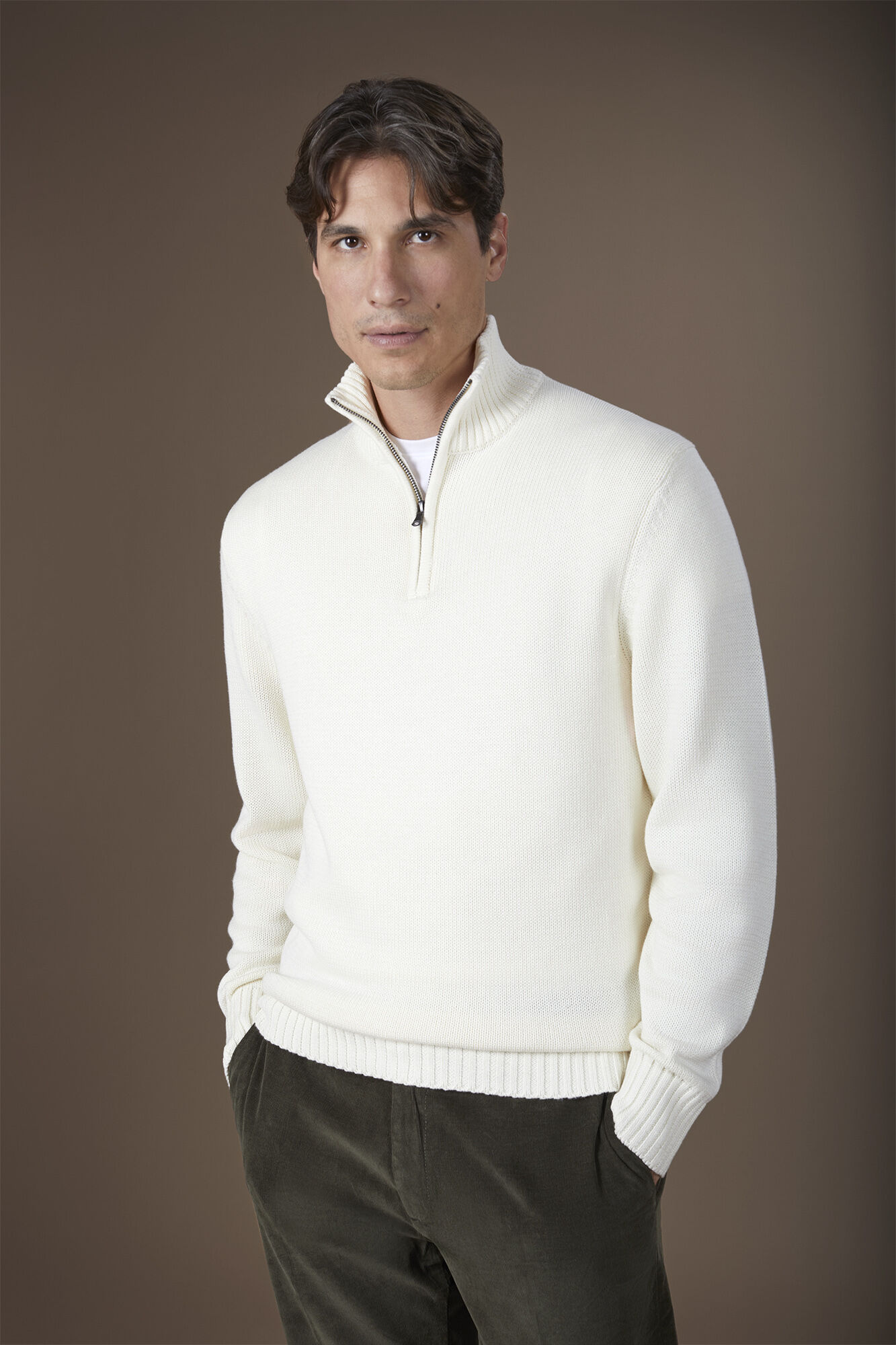Men's high neck zip sweater in English rib regular fit