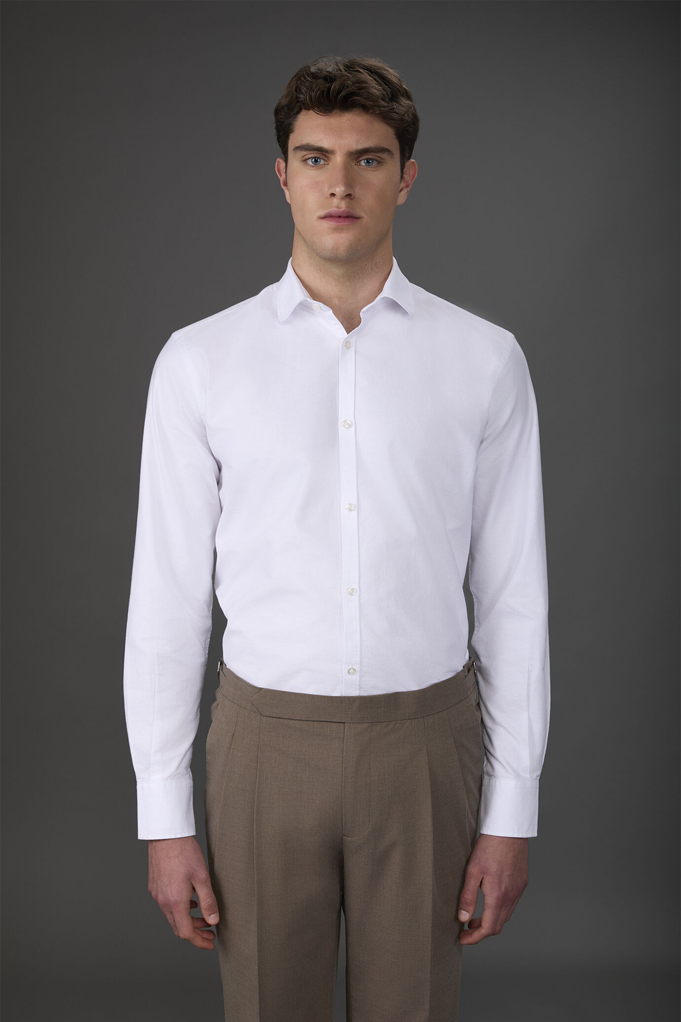 Chemise décontractée pour homme à col arrondi, 100% coton, tissu oxford uni, coupe confort