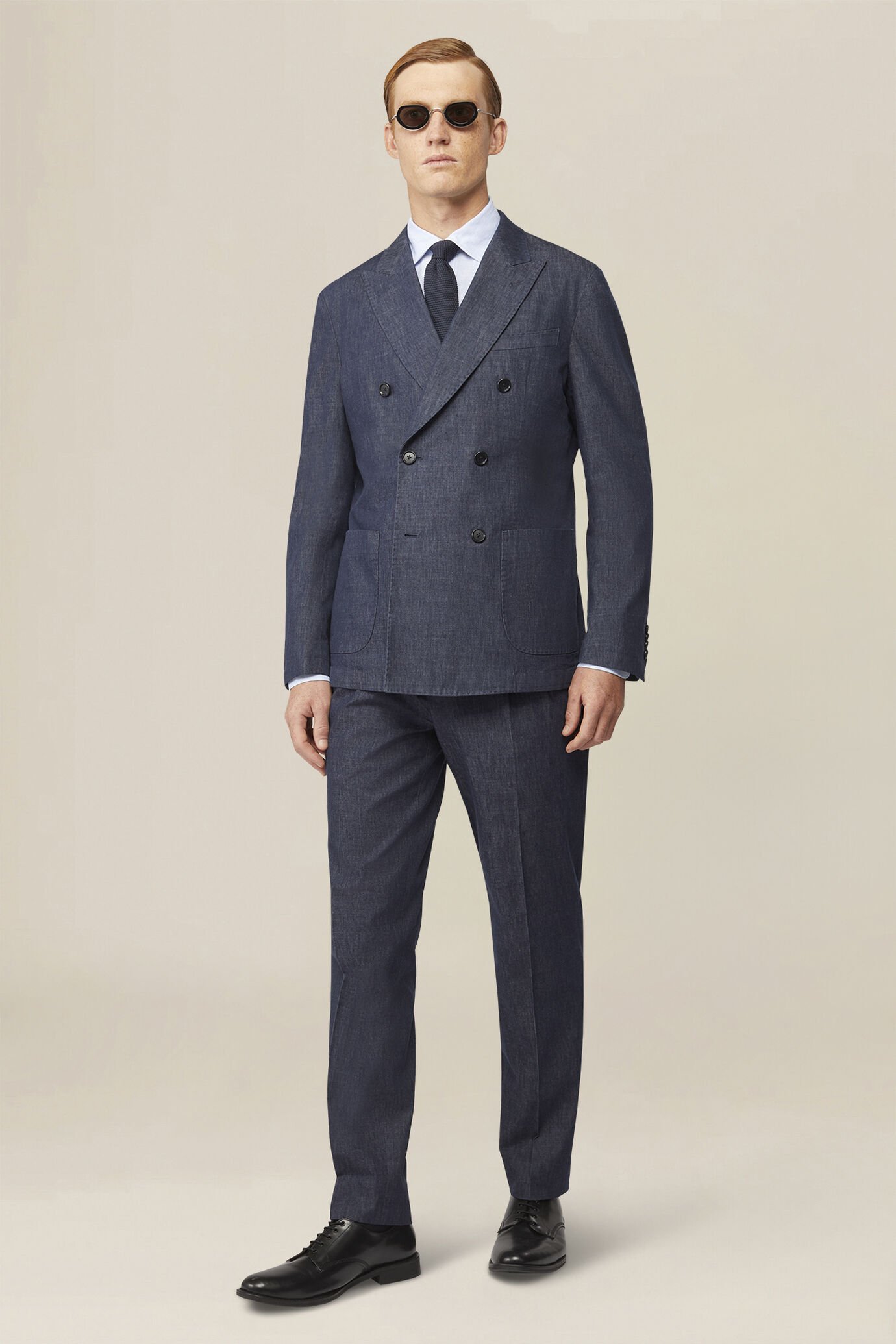 Giacca uomo doppiopetto sfoderata tessuto misto lino e cotone chambray