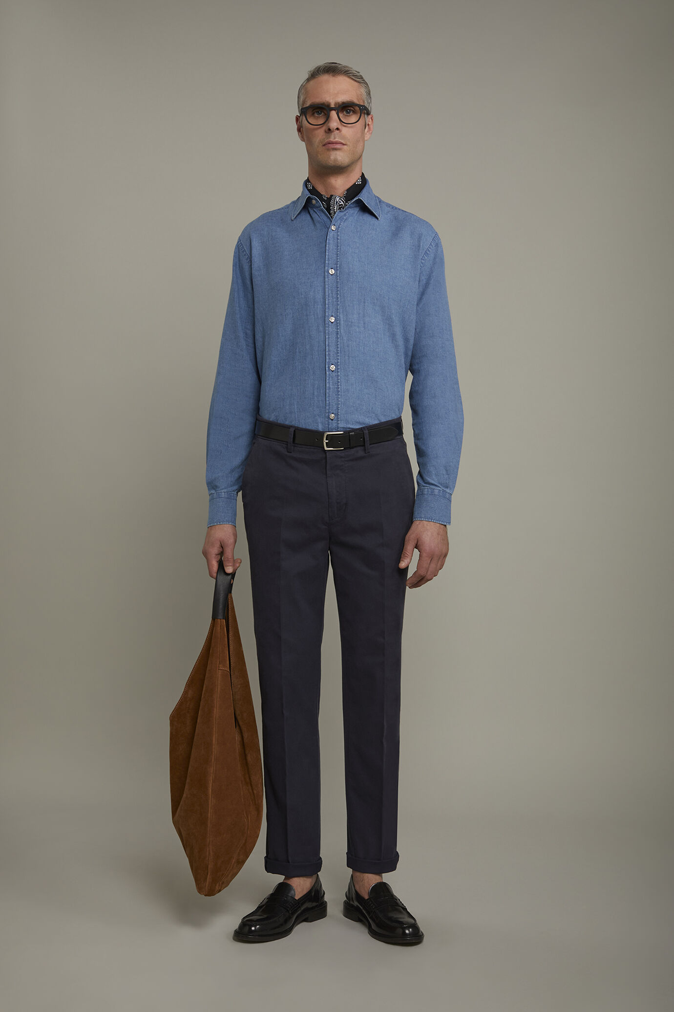 Men’s casual shirt with classic collar linen and pied de poule cotton comfort fit