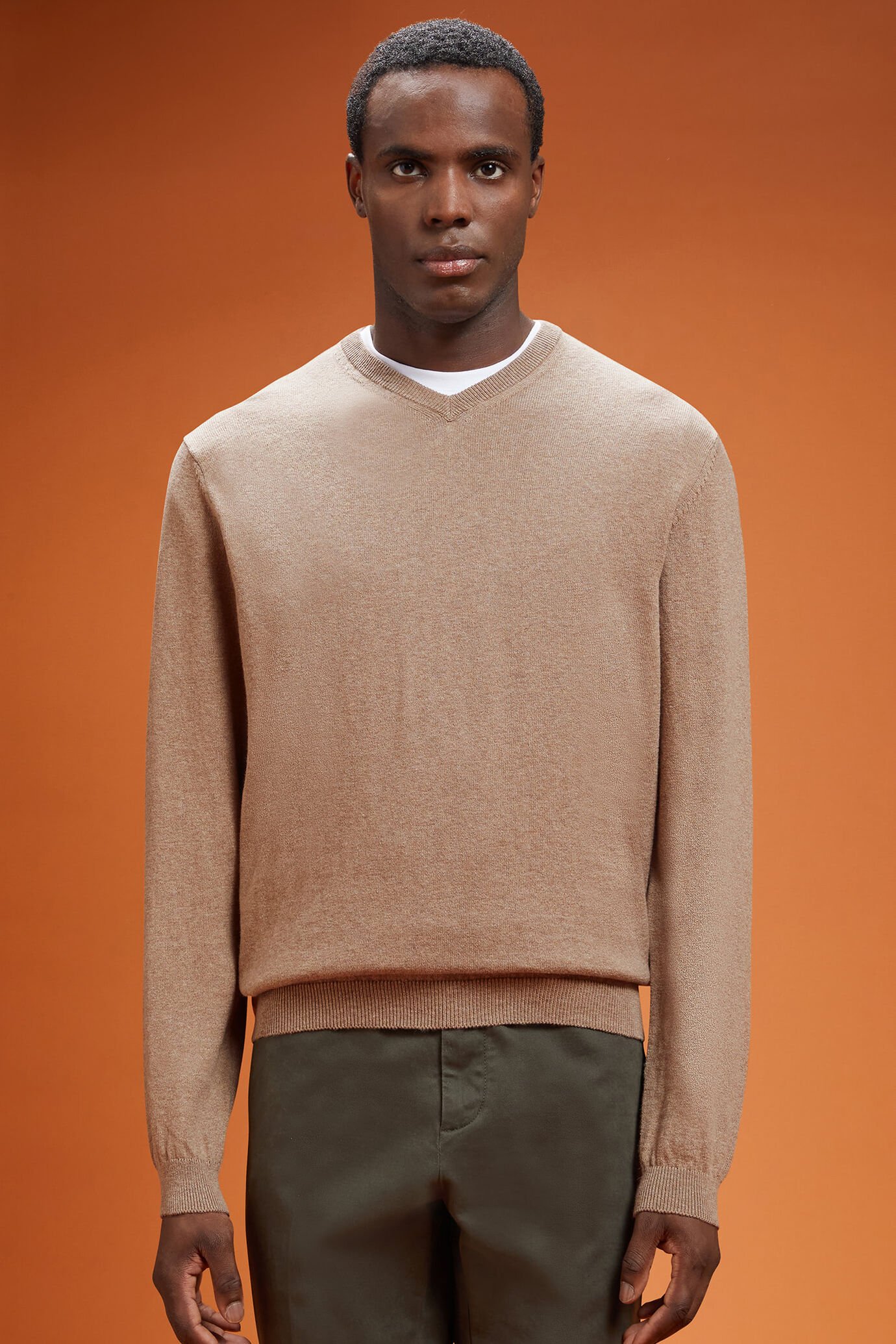 Maglia uomo scollo a V lana e cotone regular fit image number 0
