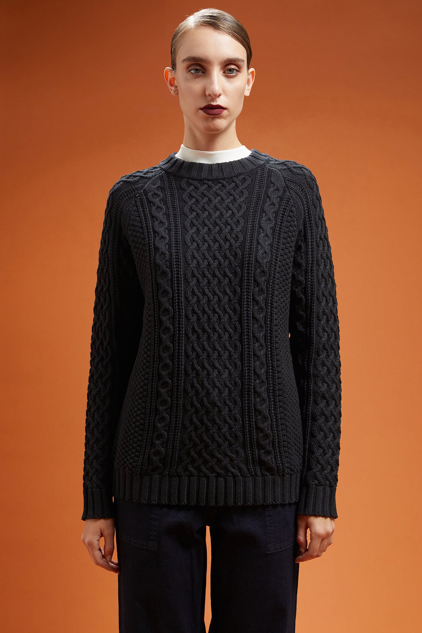 Damen-Strickpullover mit Rundhalsausschnitt aus 100 % Baumwolle mit Zopfstrick und Norwegermuster image number 0