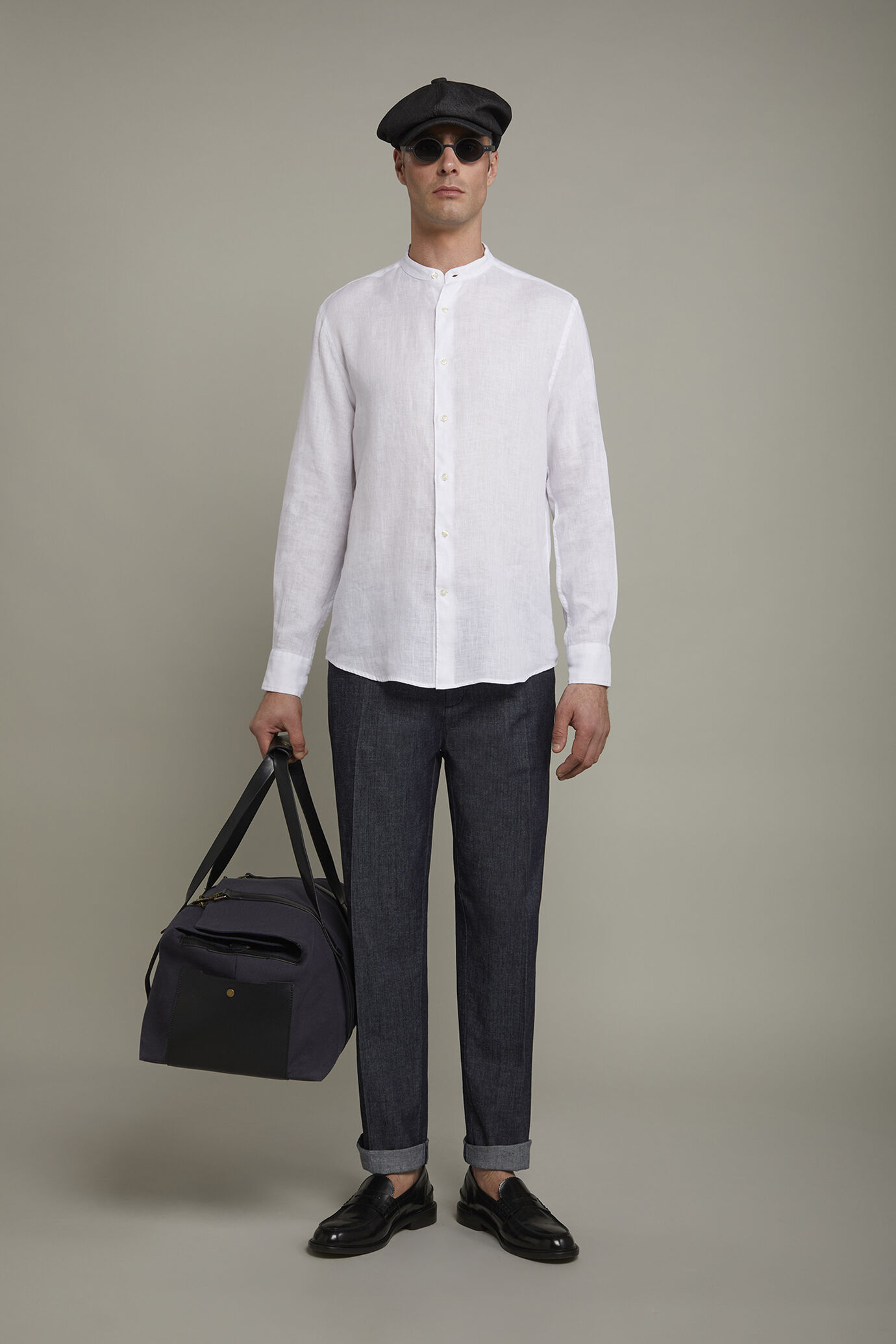 Camicia casual uomo collo coreano 100% lino comfort fit image number 0