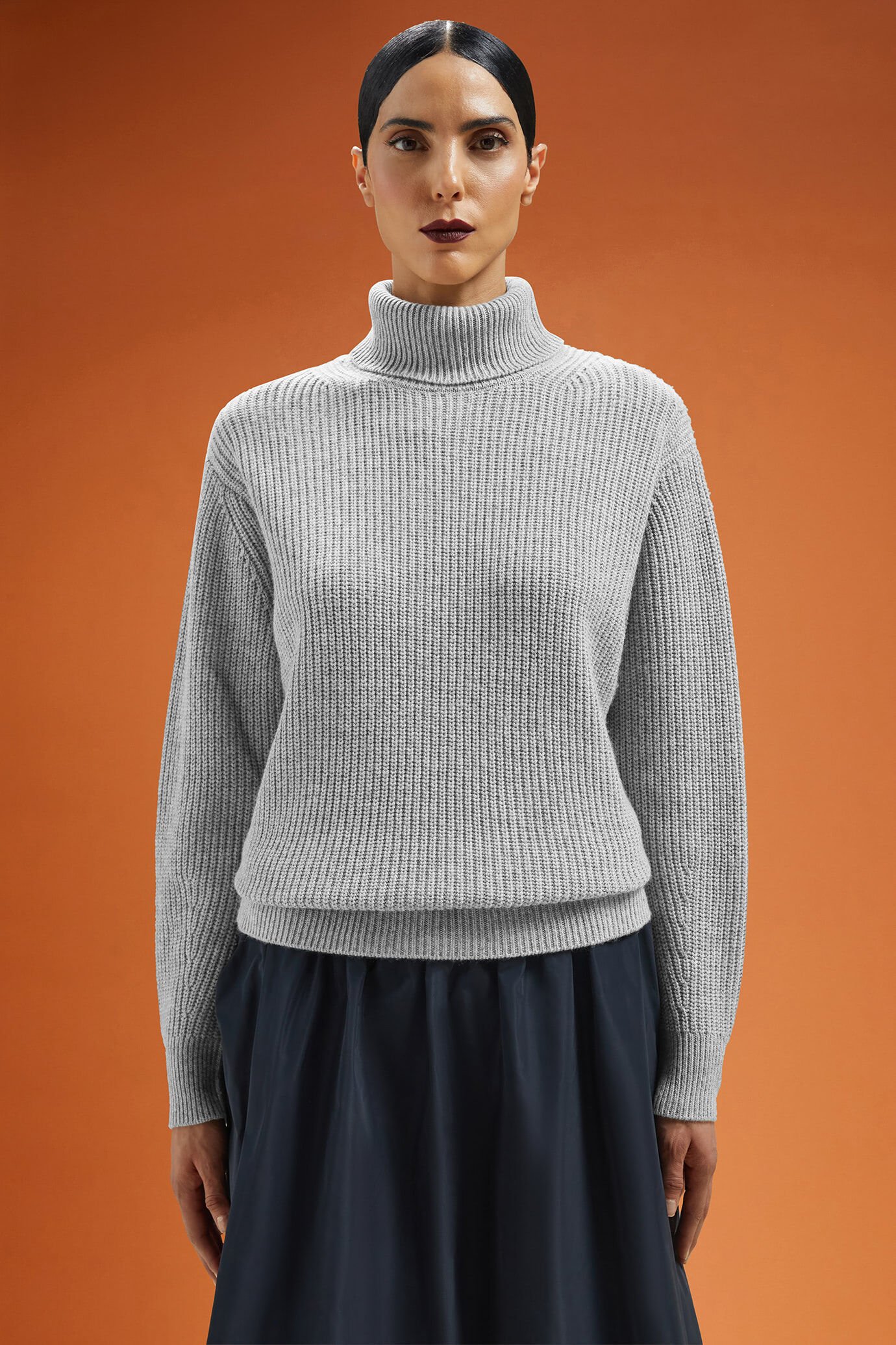 Pull à col roulé pour femme, coupe classique, en côtes anglaises