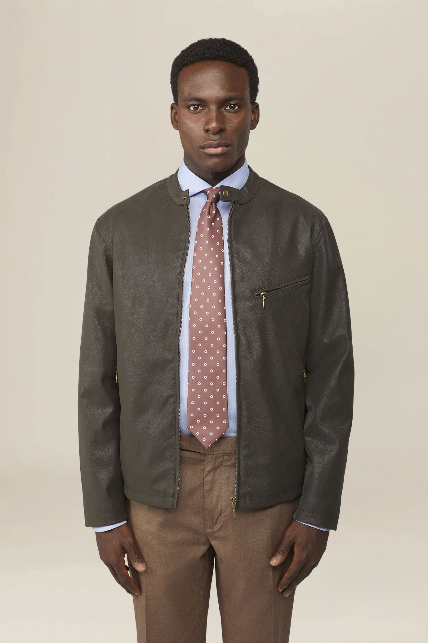 Men's biker jacket in lined faux leather with korean collar image number 0