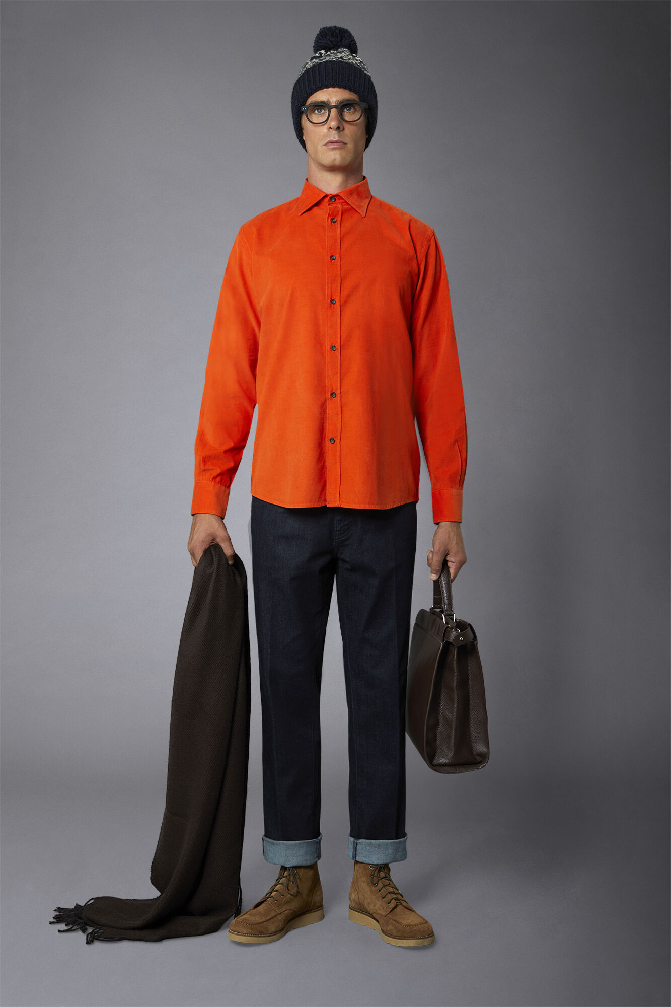 Camicia casual uomo collo francese comfort fit tessuto in velluto 1000 righe