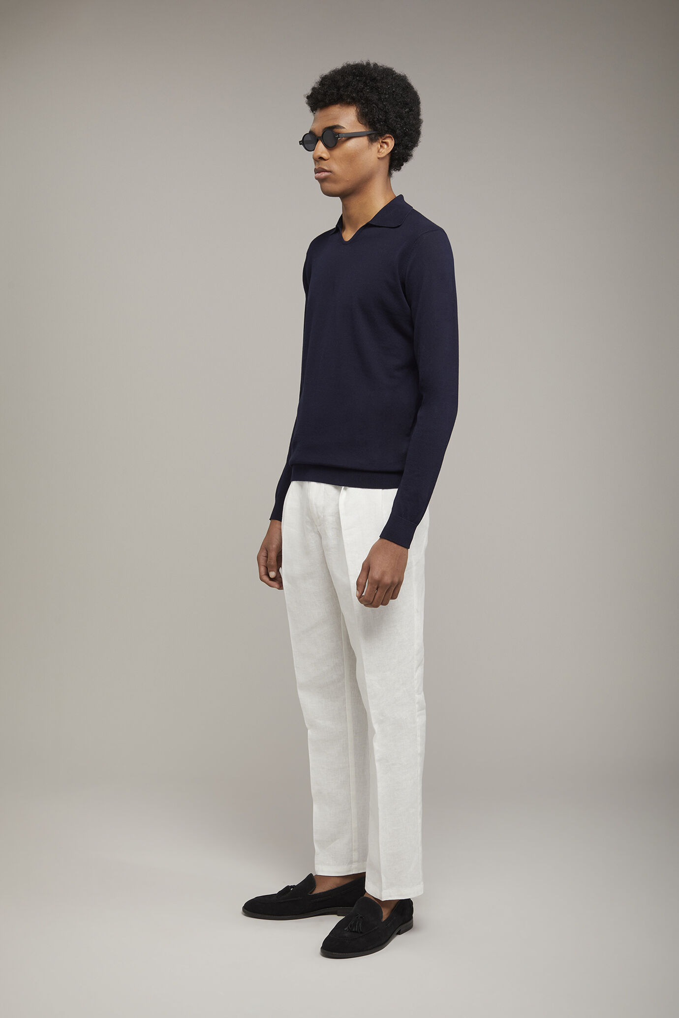 Polo homme en maille col en V 100 % coton à manches longues coupe régulière image number 1