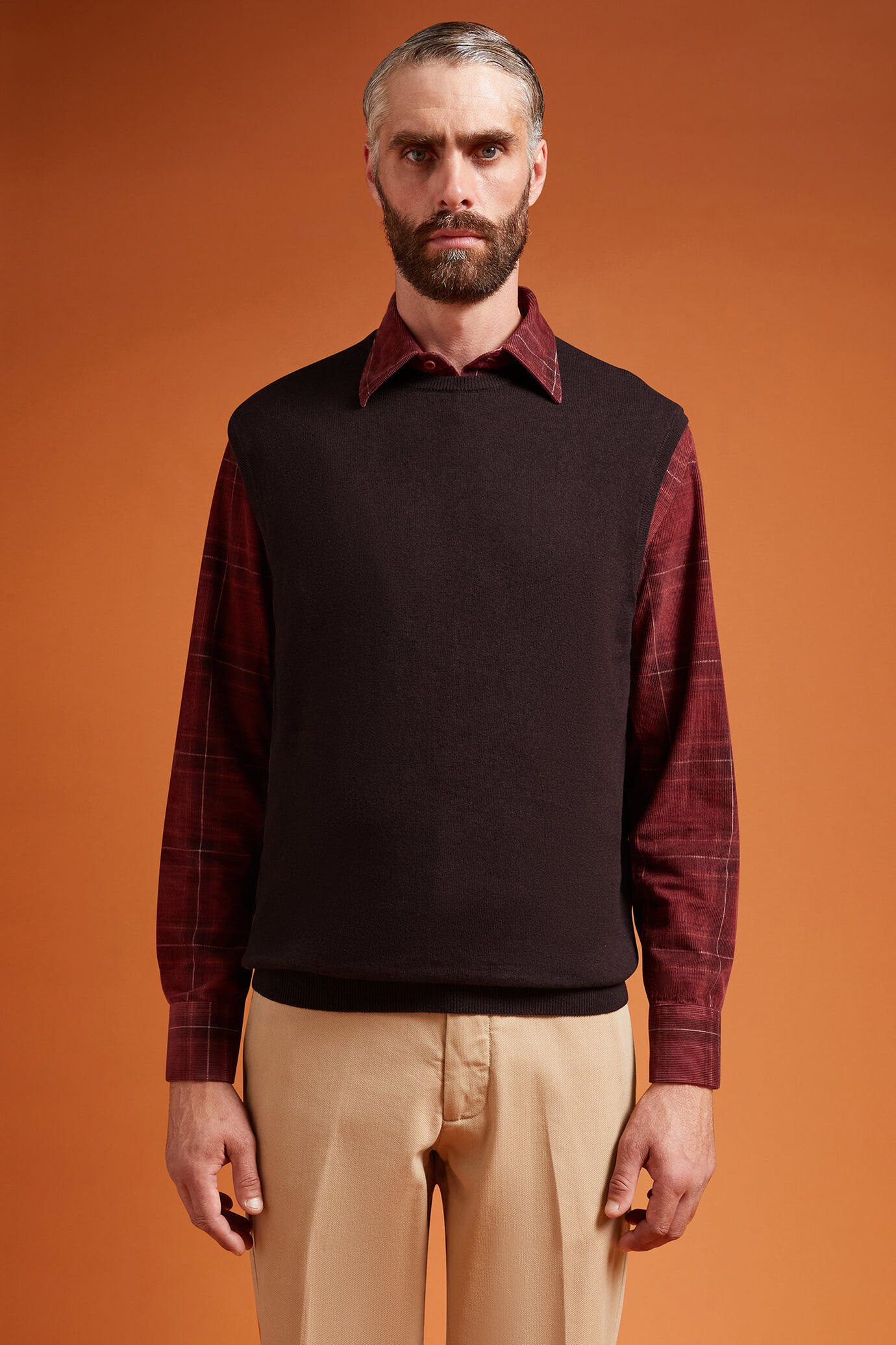 Gilet homme col rond, en laine et coton, coupe classique