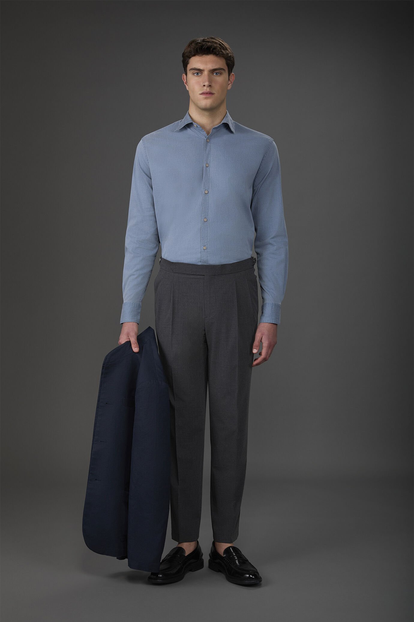 Camicia uomo casual collo francese tessuto chambray leggermente stretch image number 2