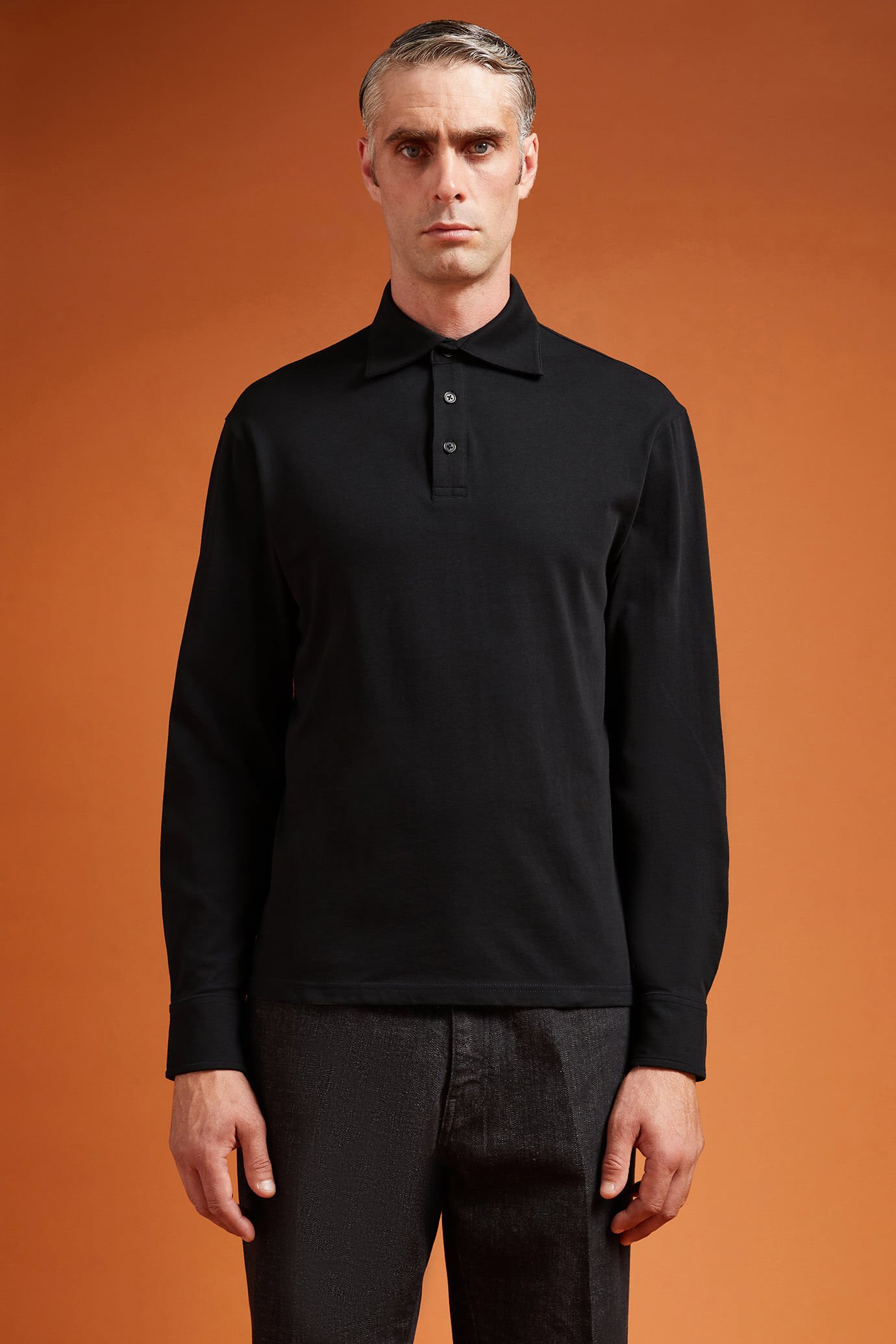 Men's long-sleeved 100% cotton polo shirt with a classic collar in a regular fit image number 0
