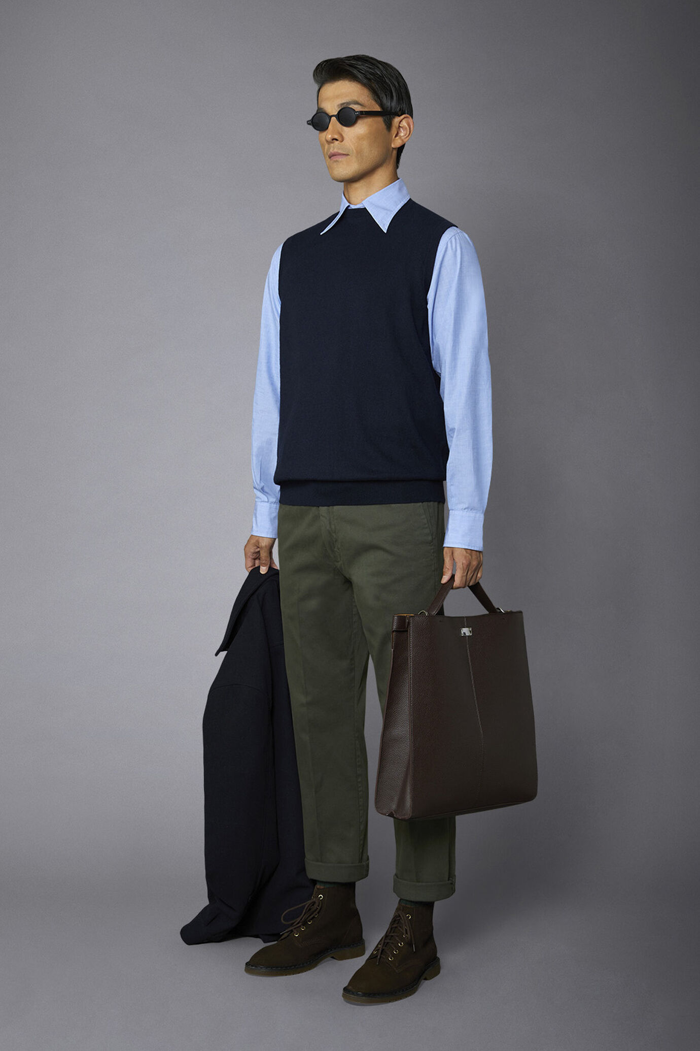 Gilet &agrave; col rond en laine et coton image number 1