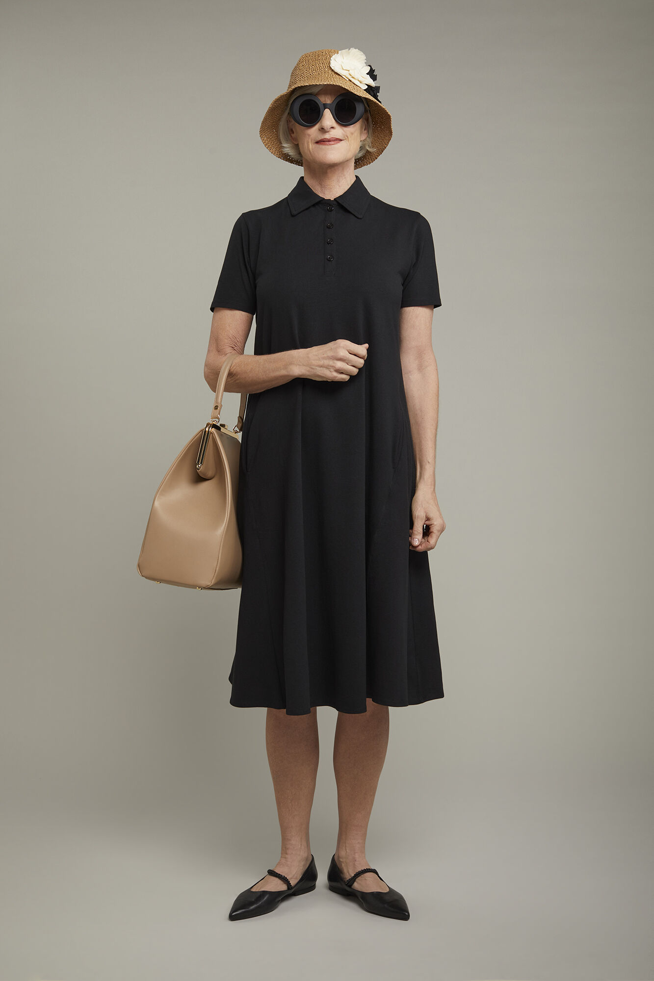 Abito midi donna collo a polo con manica corta in jersey di cotone stretch regular fit