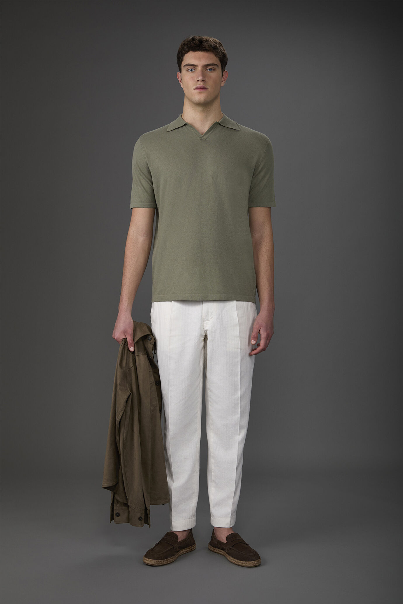 Men's 100% cotton crepe short-sleeved knitted polo shirt with derby collar image number 0