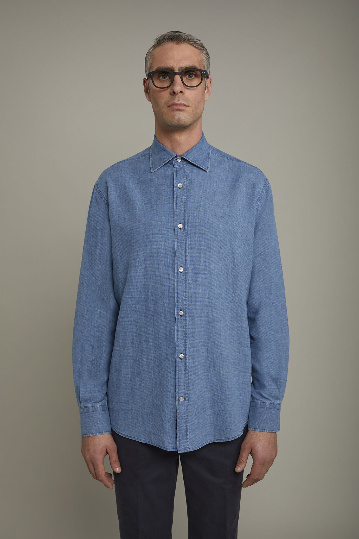 Camicia casual uomo collo classico lino e cotone pied de poule comfort fit image number 2
