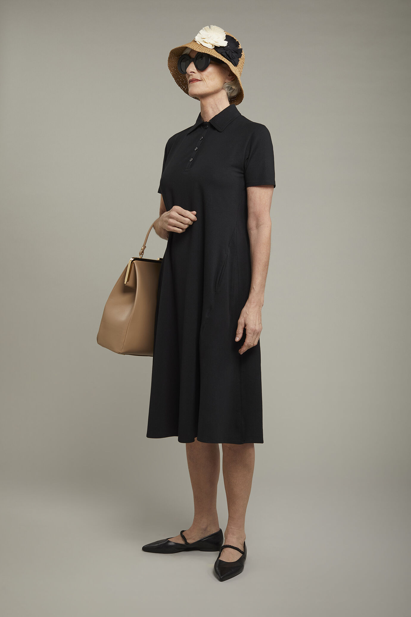 Abito midi donna collo a polo con manica corta in jersey di cotone stretch regular fit image number 1