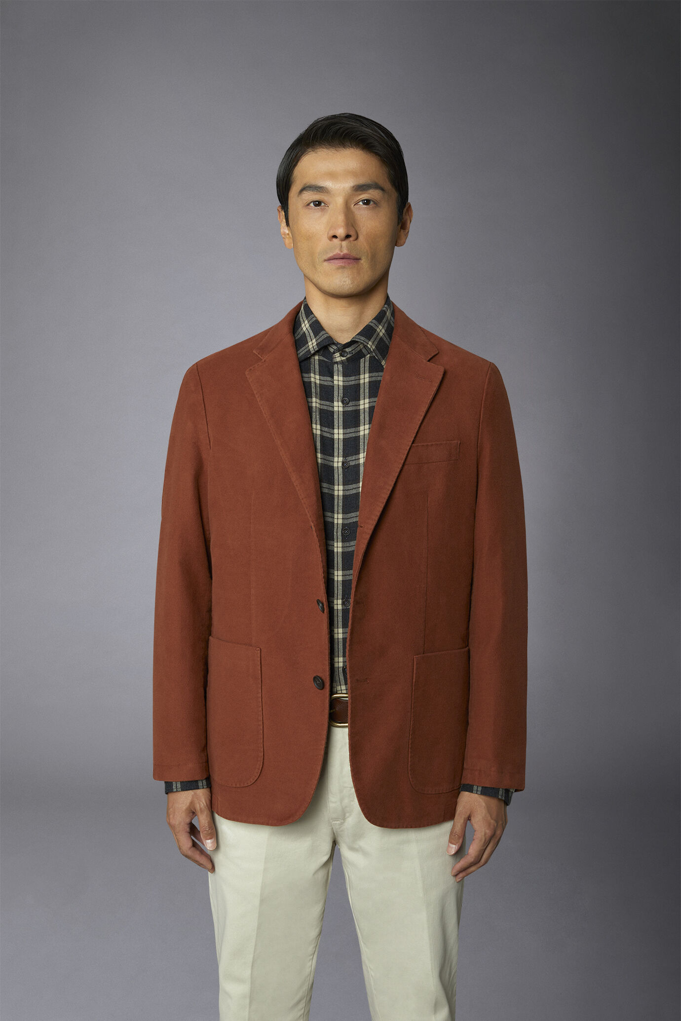 Men's single-breasted jacket in plain moleskin fabric regular fit image number 2