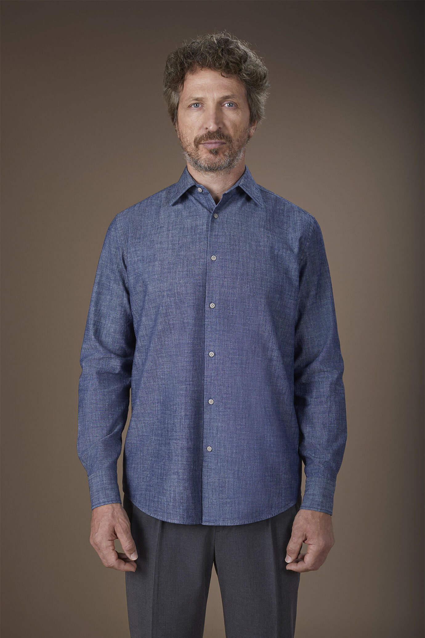 Camicia uomo casual in tessuto 100% cotone chambray lavato
