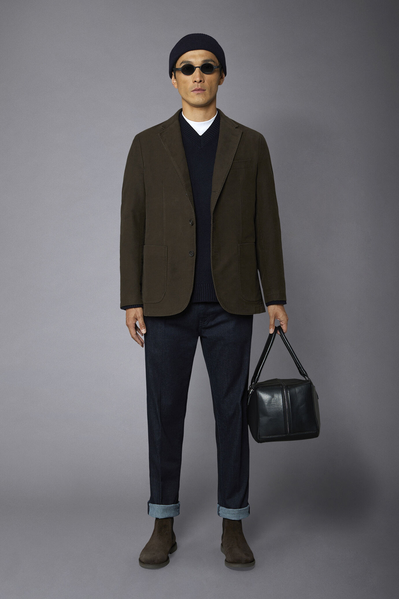 Men's single-breasted jacket in plain moleskin fabric regular fit image number 0