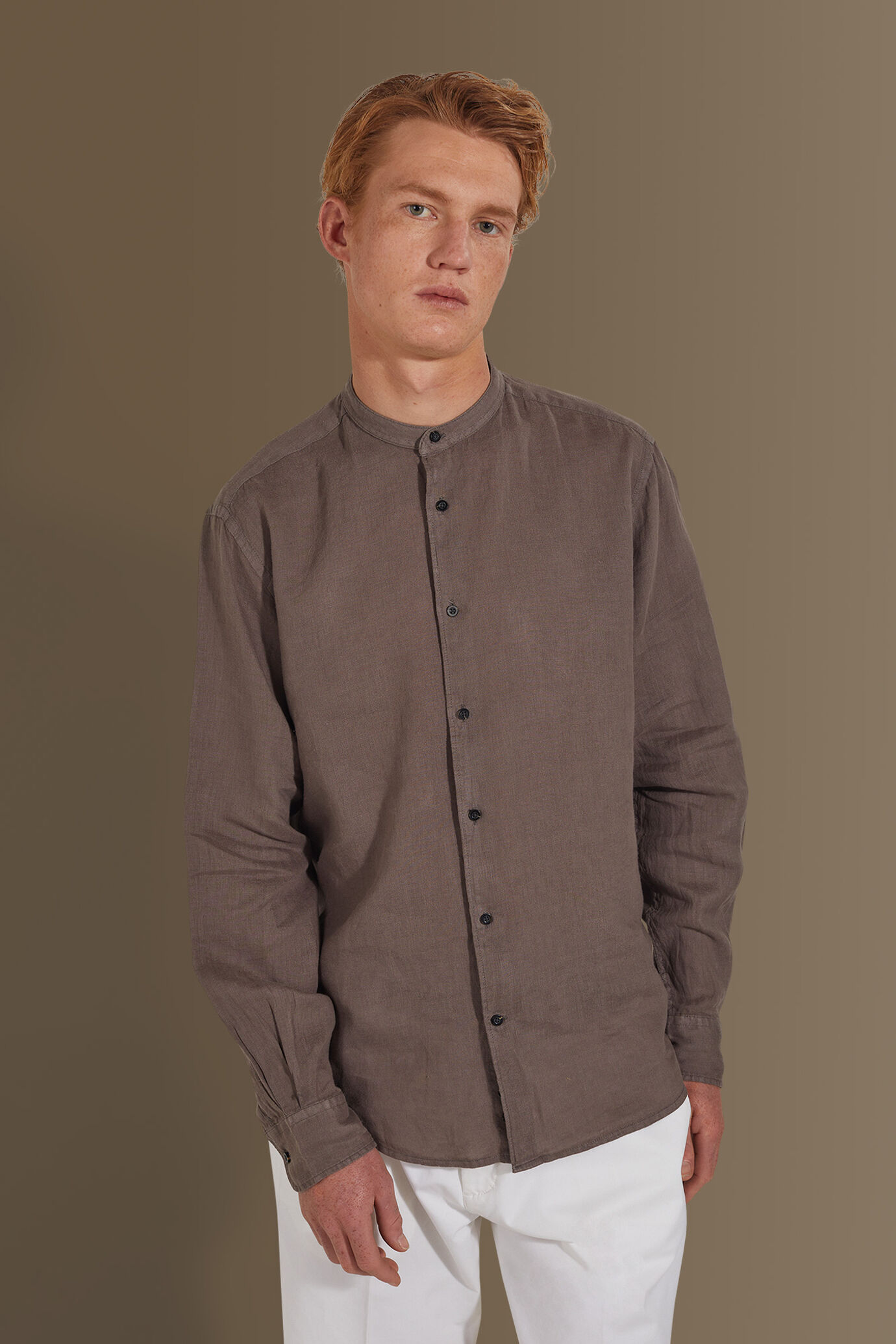Casual shirt corean collar 100% linen solid colour image number 1