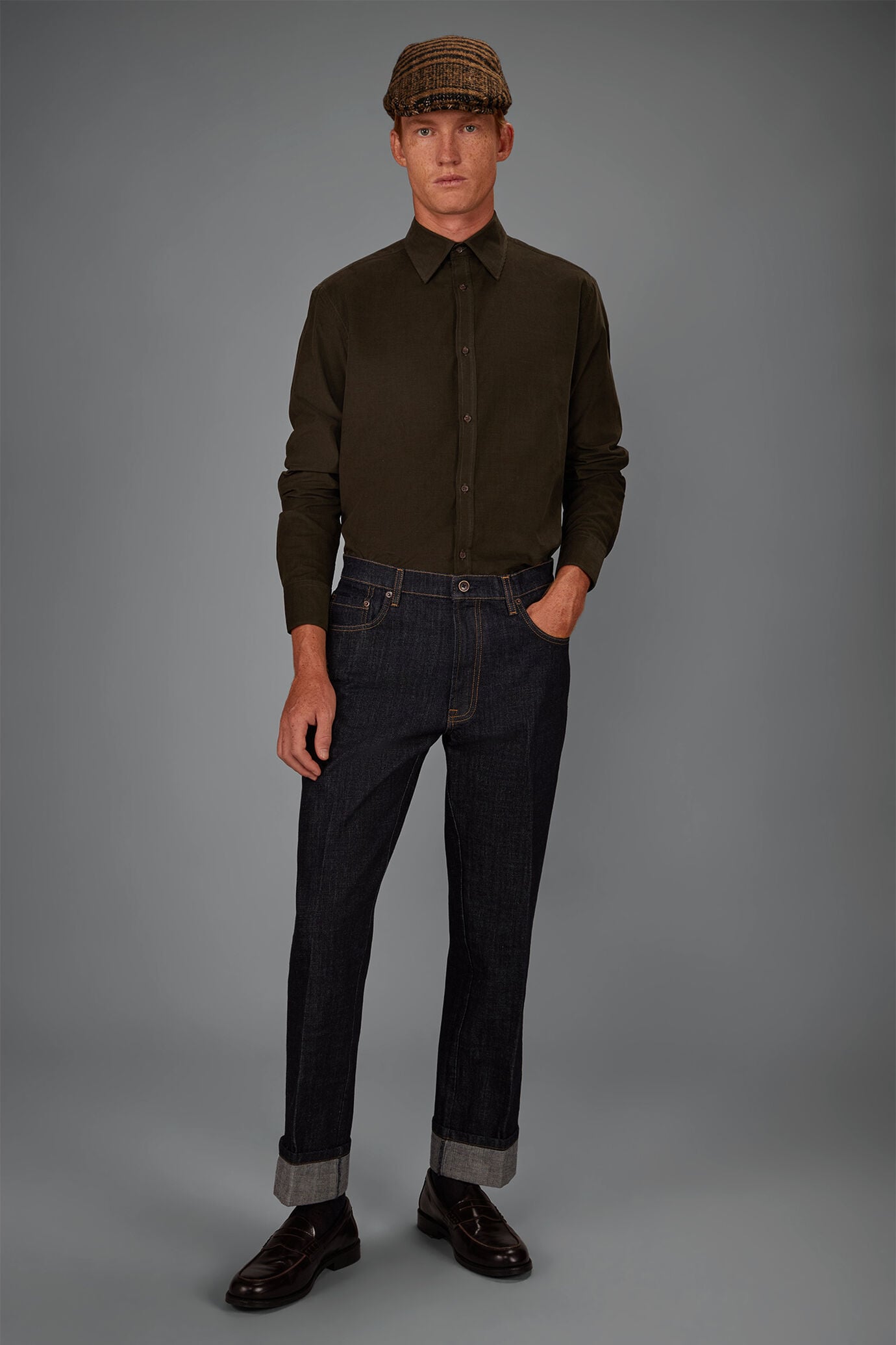 Men&rsquo;s plain 1000-stripe velvet shirt
