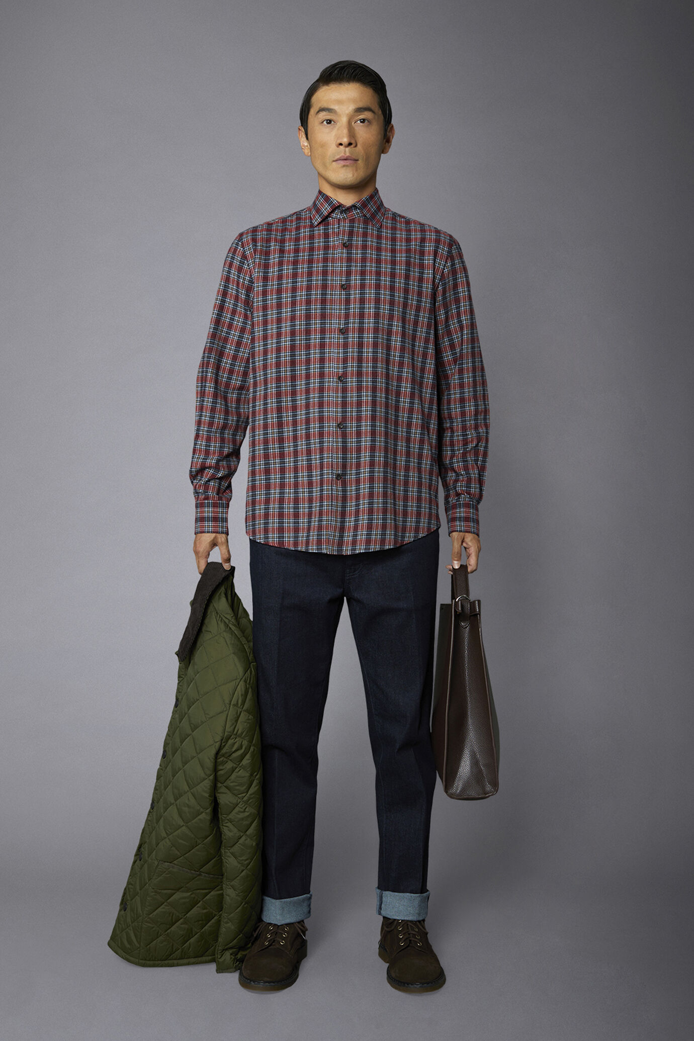 Camicia casual uomo collo francese comfort fit tessuto in flanella fantasia a quadri image number 0