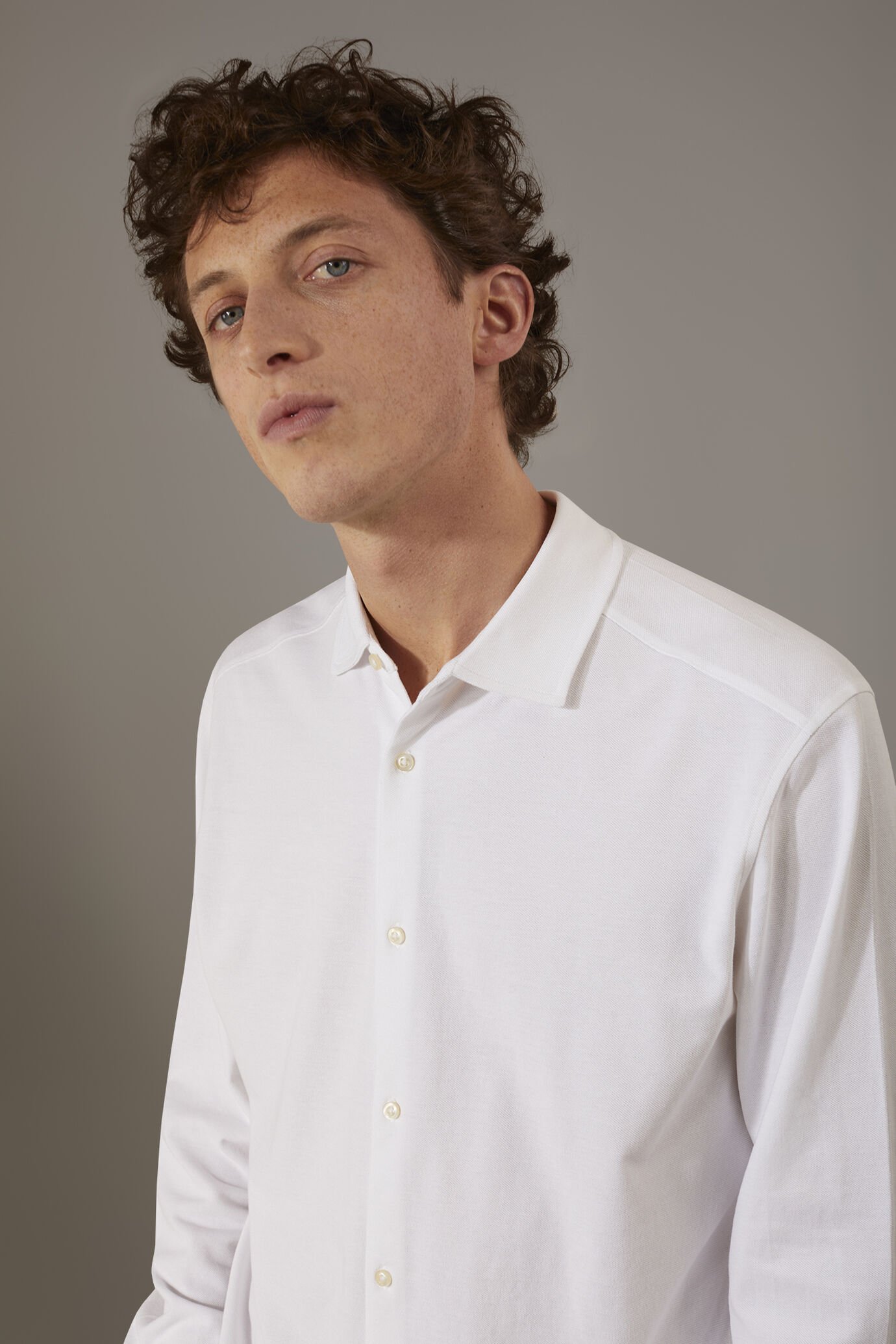 Polo camicia maniche lunghe 100% cotone piquet tinta unita image number 1