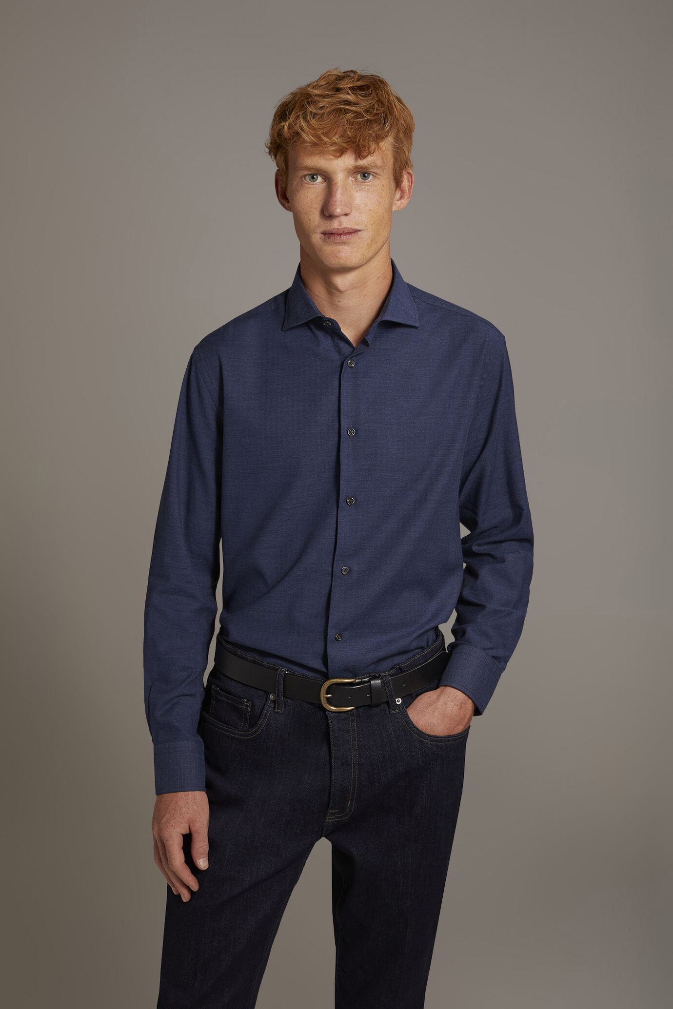 Casual shirt with french collar comfort fit melange yarn-dyed herringbone image number 0