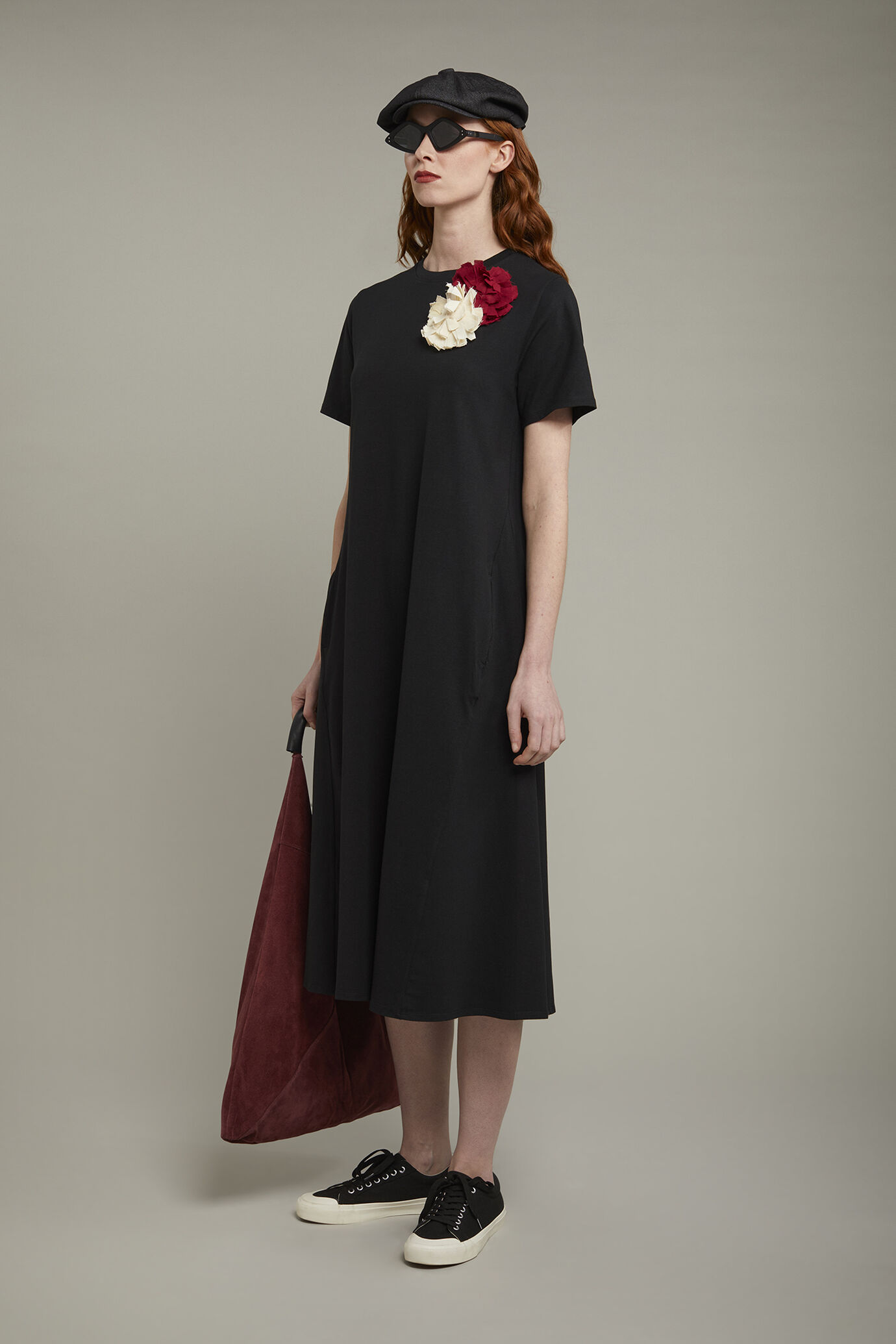 Abito midi donna girocollo con manica corta in jersey di cotone stretch regular fit image number 1