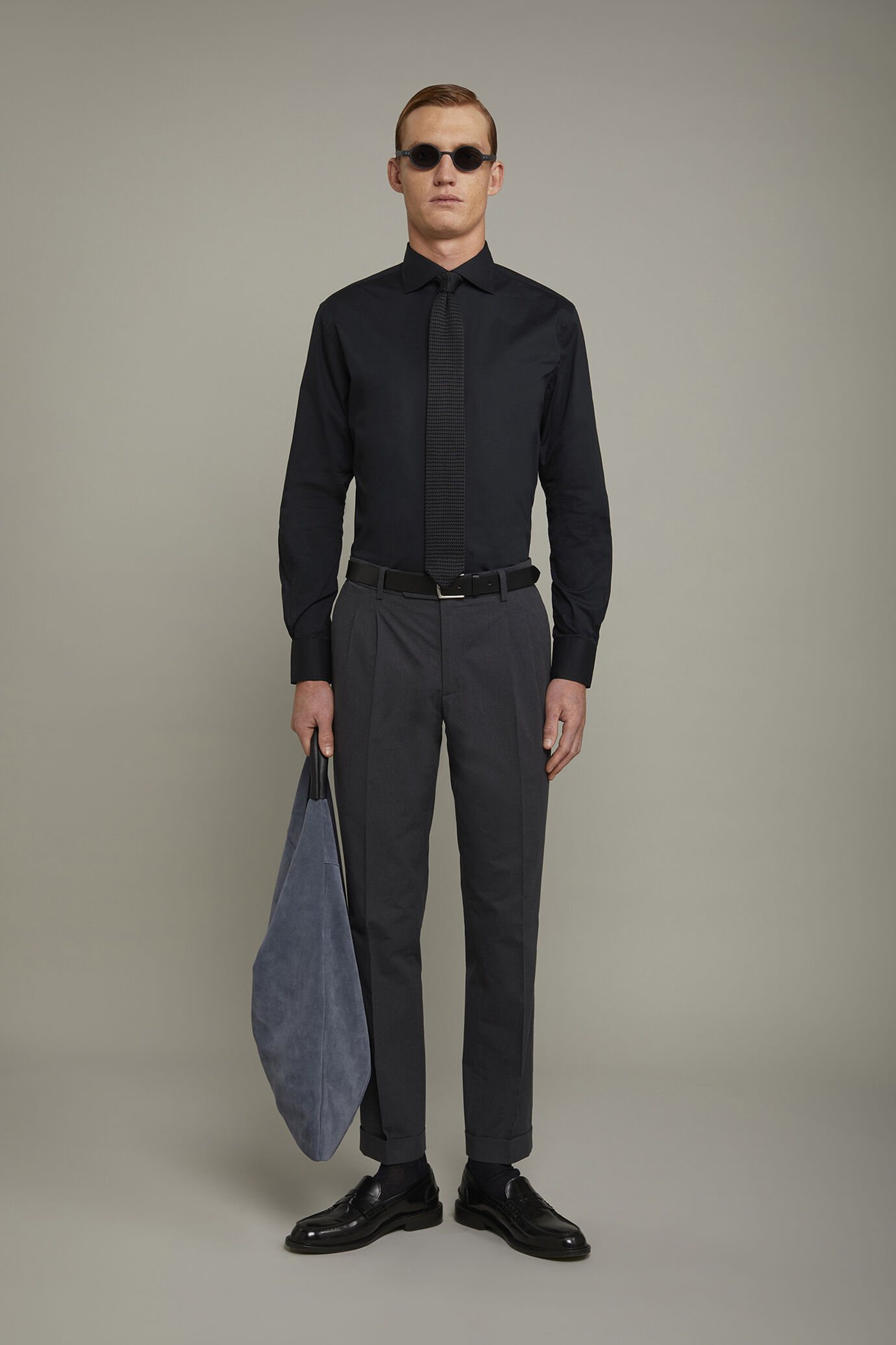 Men's French collar classic shirt stretch slub fabric image number 0