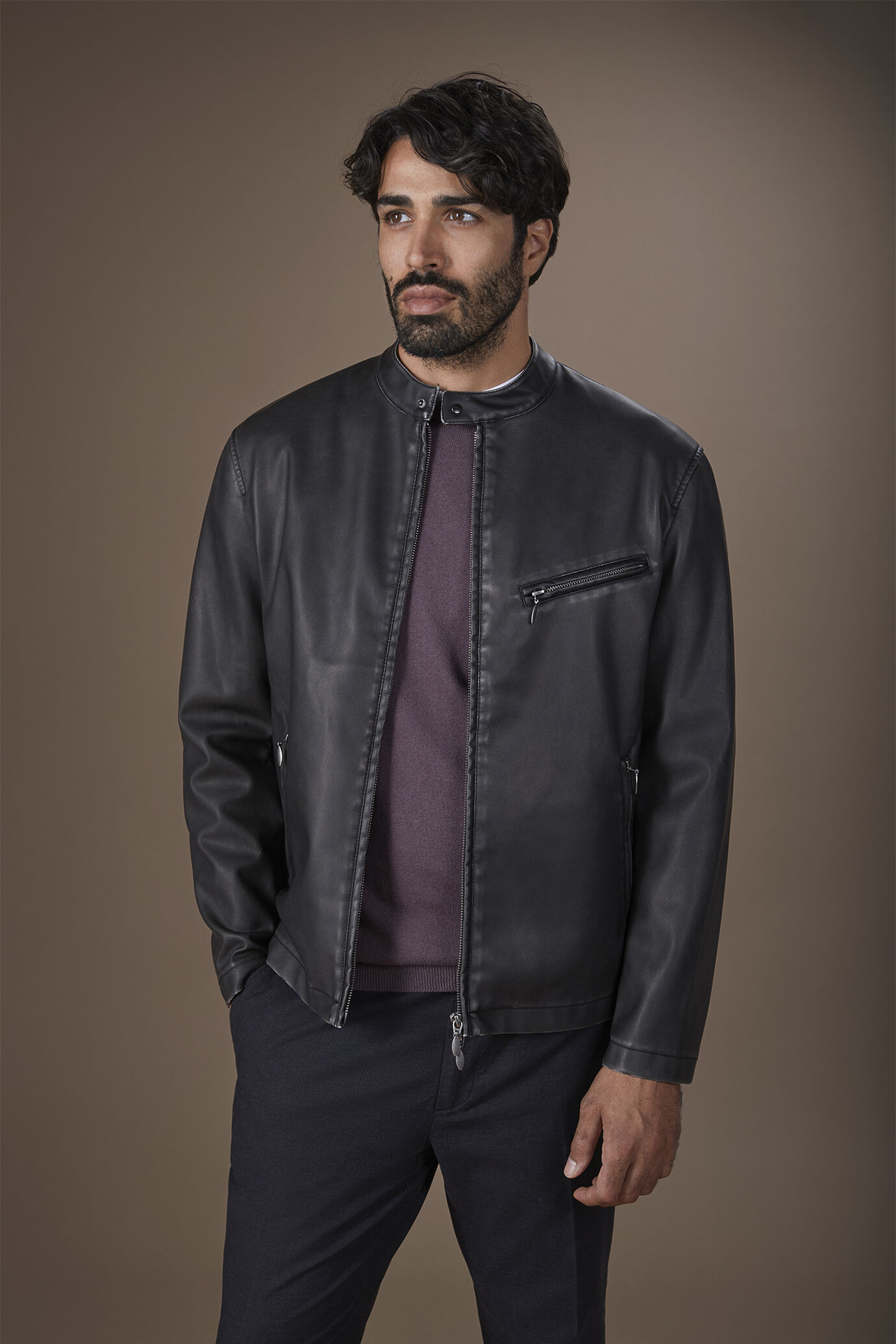 Biker uomo in simil pelle con collo alla coreana regular fit