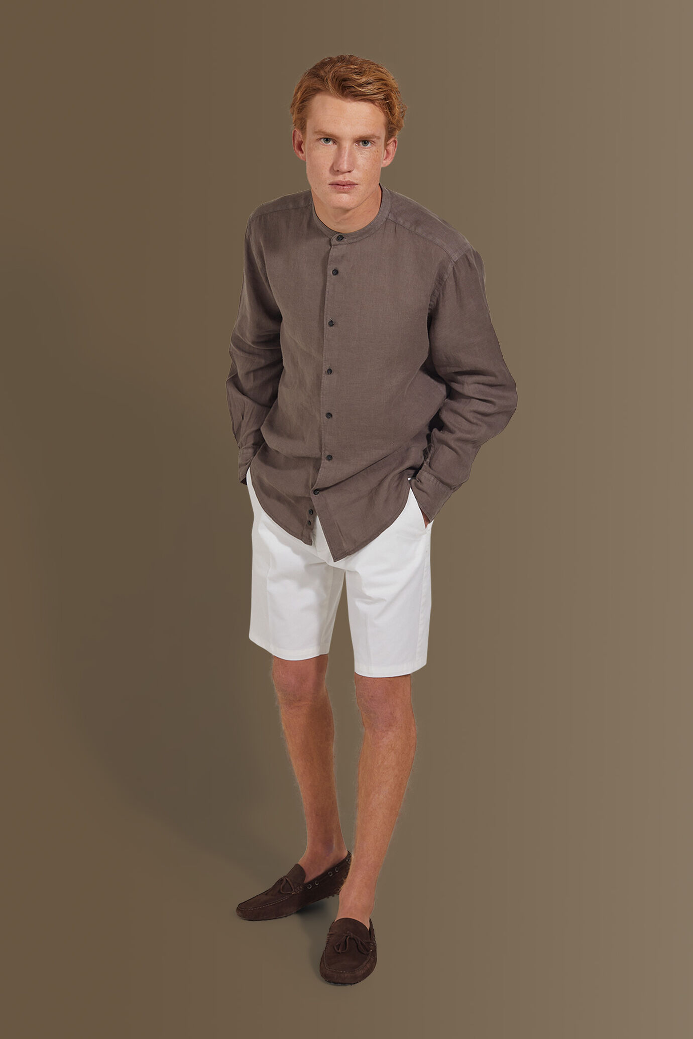 Camicia casual collo coreano 100% lino tinta unita uomo image number 0