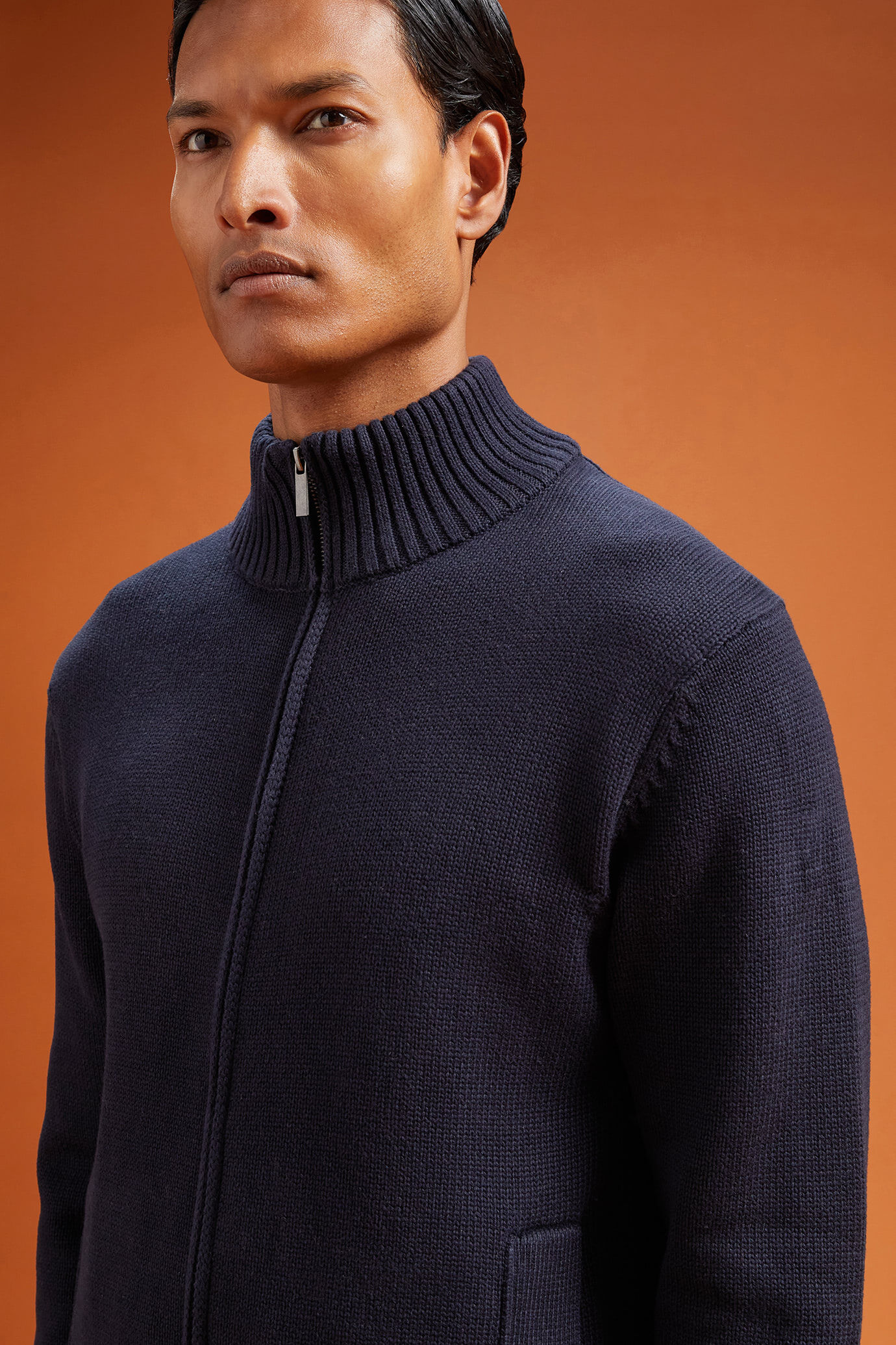 Men's regular fit zipped high neck cardigan in 100% cotton