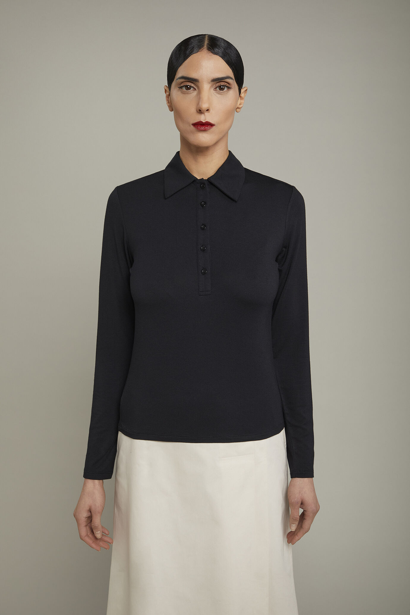 Polo donna manica lunga in jersey di cotone tinta unita image number 2