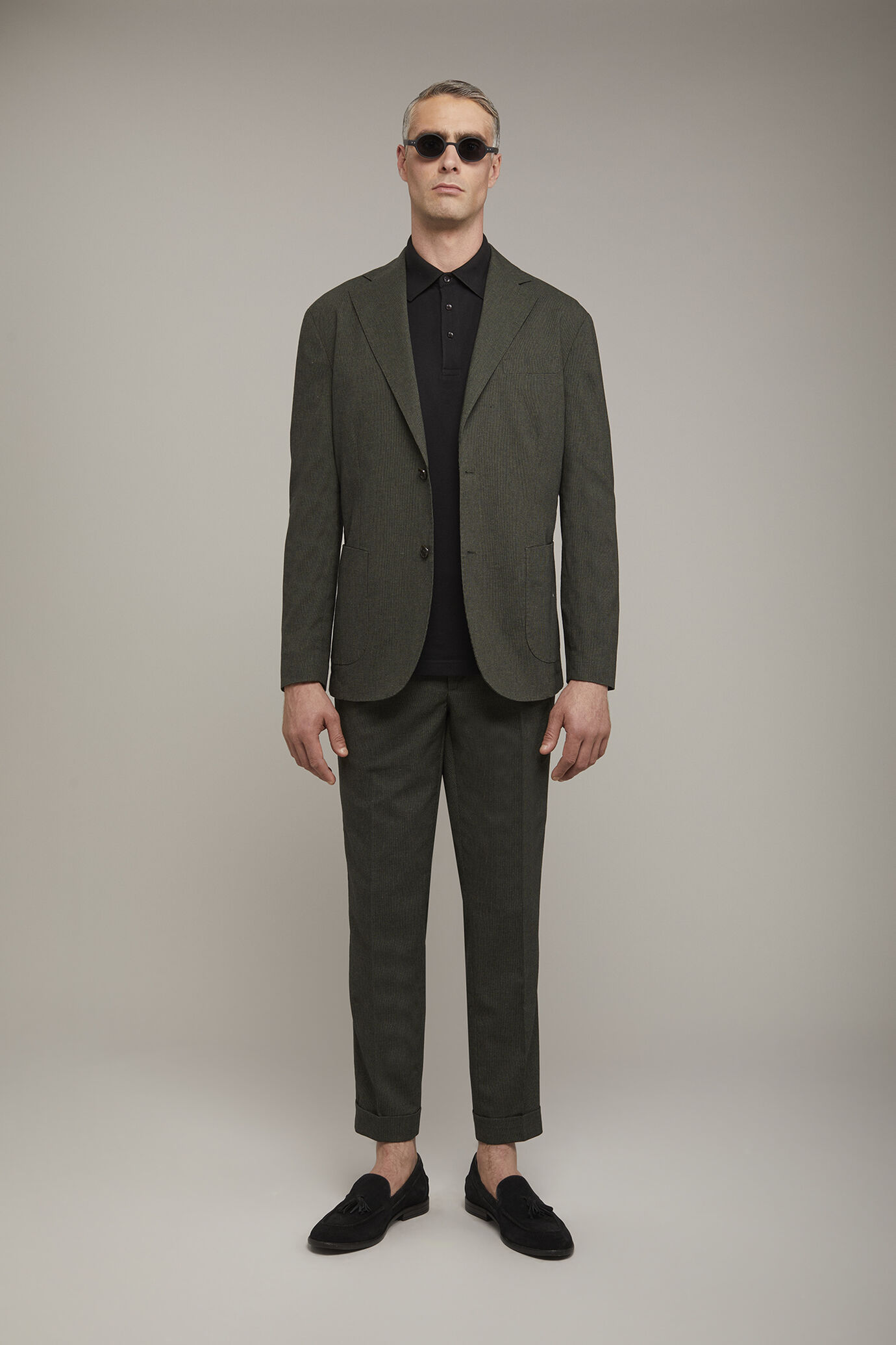 Giacca uomo sfoderata monopetto tasche a pattina tessuto con disegno micro pied de poule regular fit image number 0