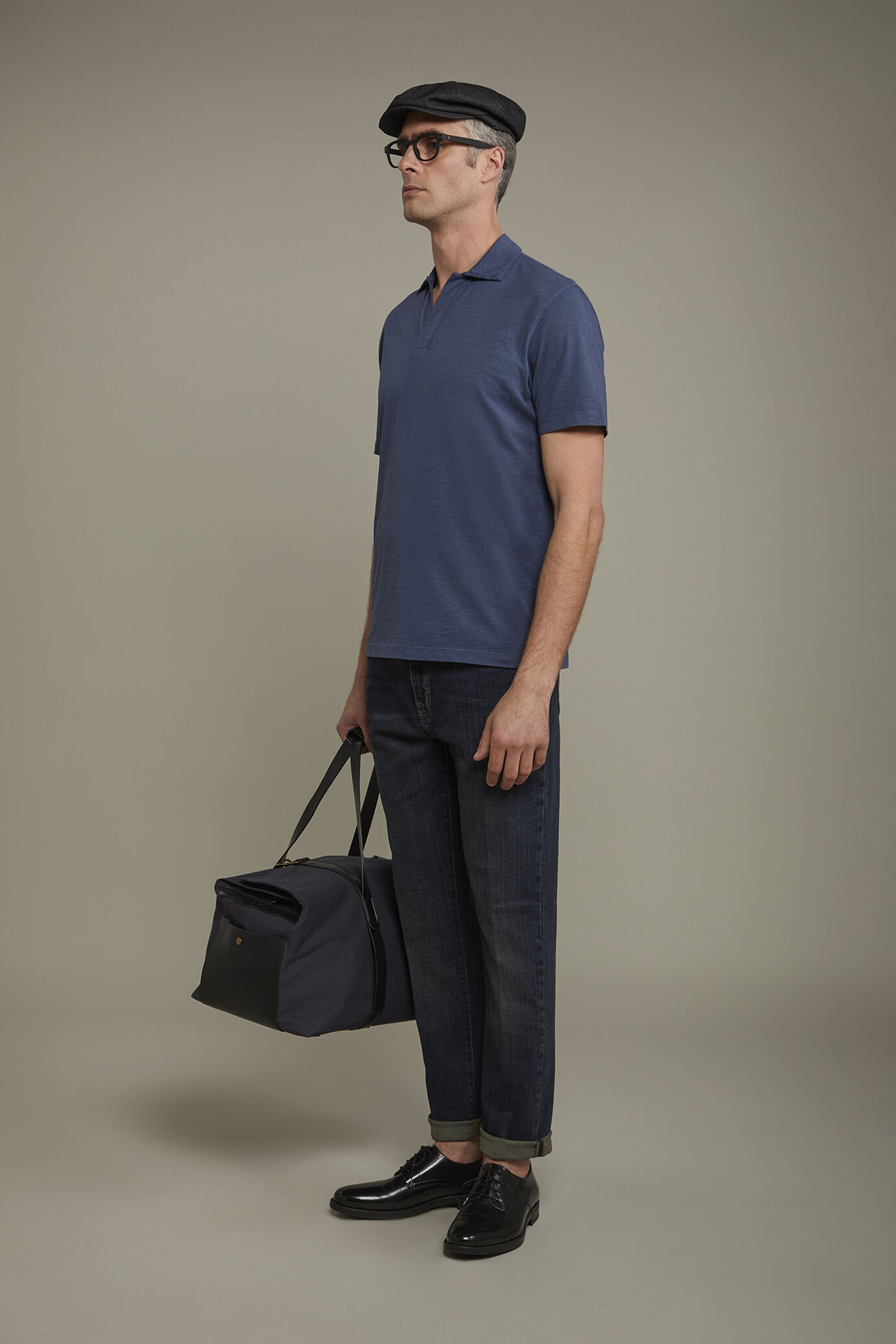 Men’s short sleeve button-less polo shirt with derby collar in pure cotton regular fit image number 1