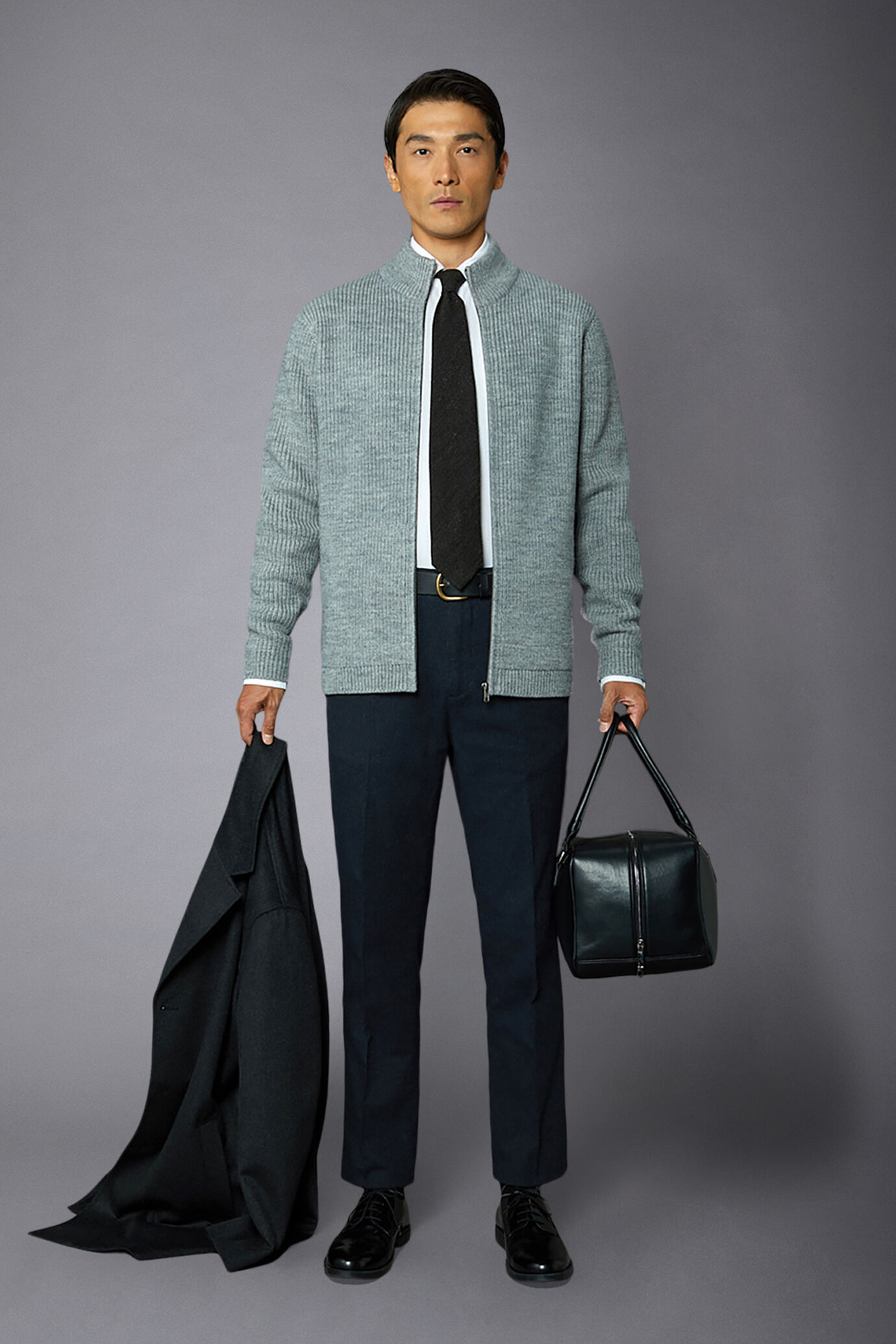 Cardigan uomo con zip a collo alto misto lana a costa inglese regular fit image number 0