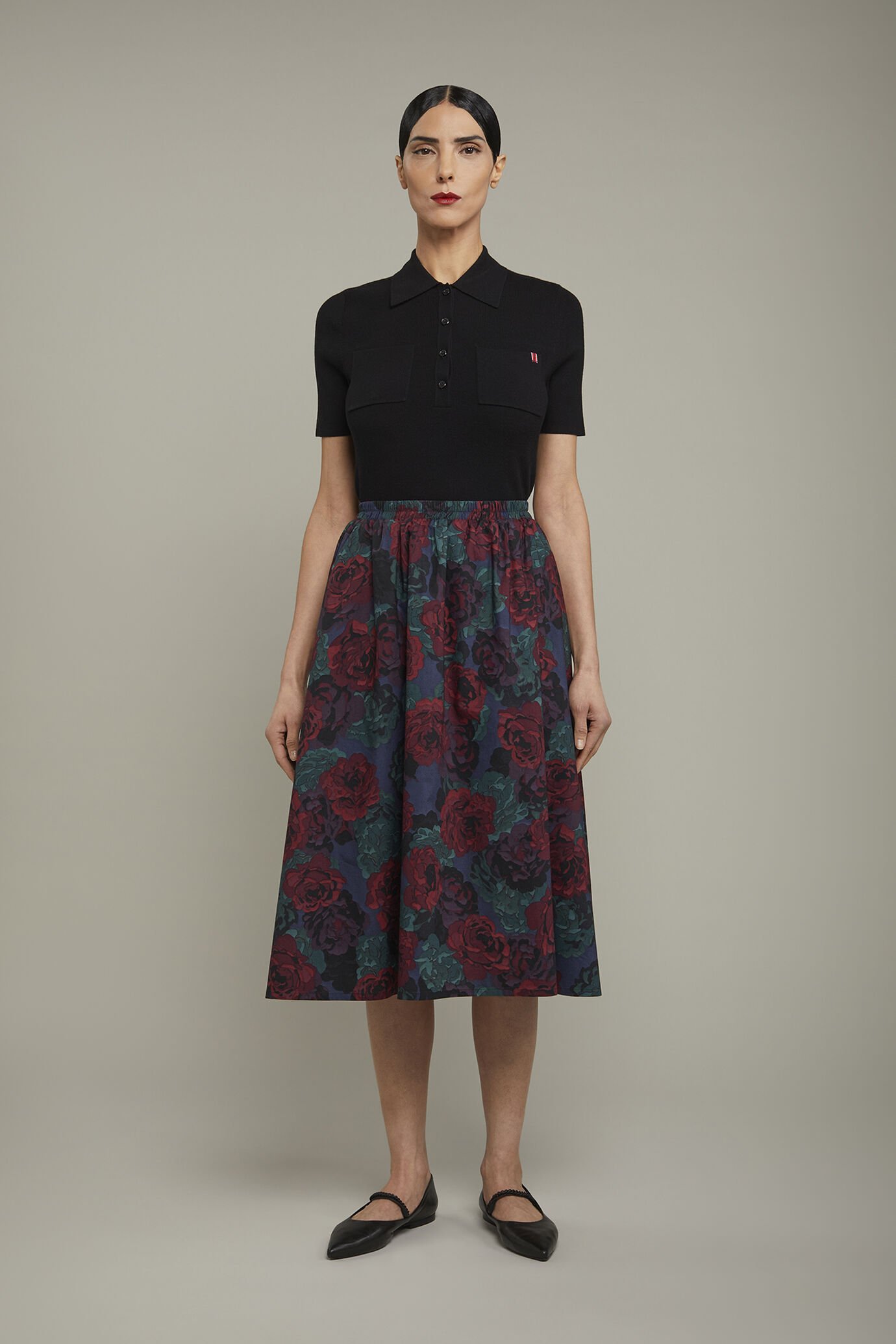 Gonna donna 100% cotone svasata con elastico in vita disegno floreale regular fit image number 2