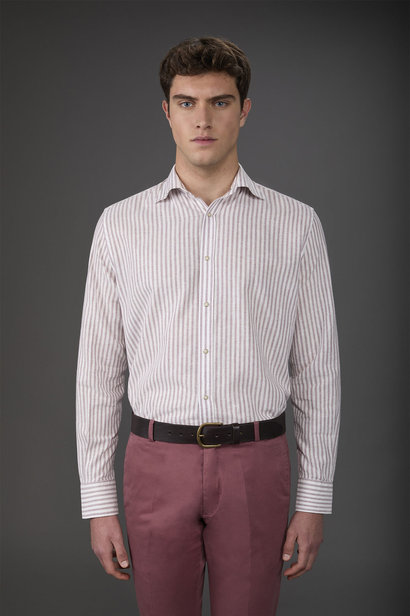 Camicia uomo casual collo francese tessuto in lino e cotone lavato rigato