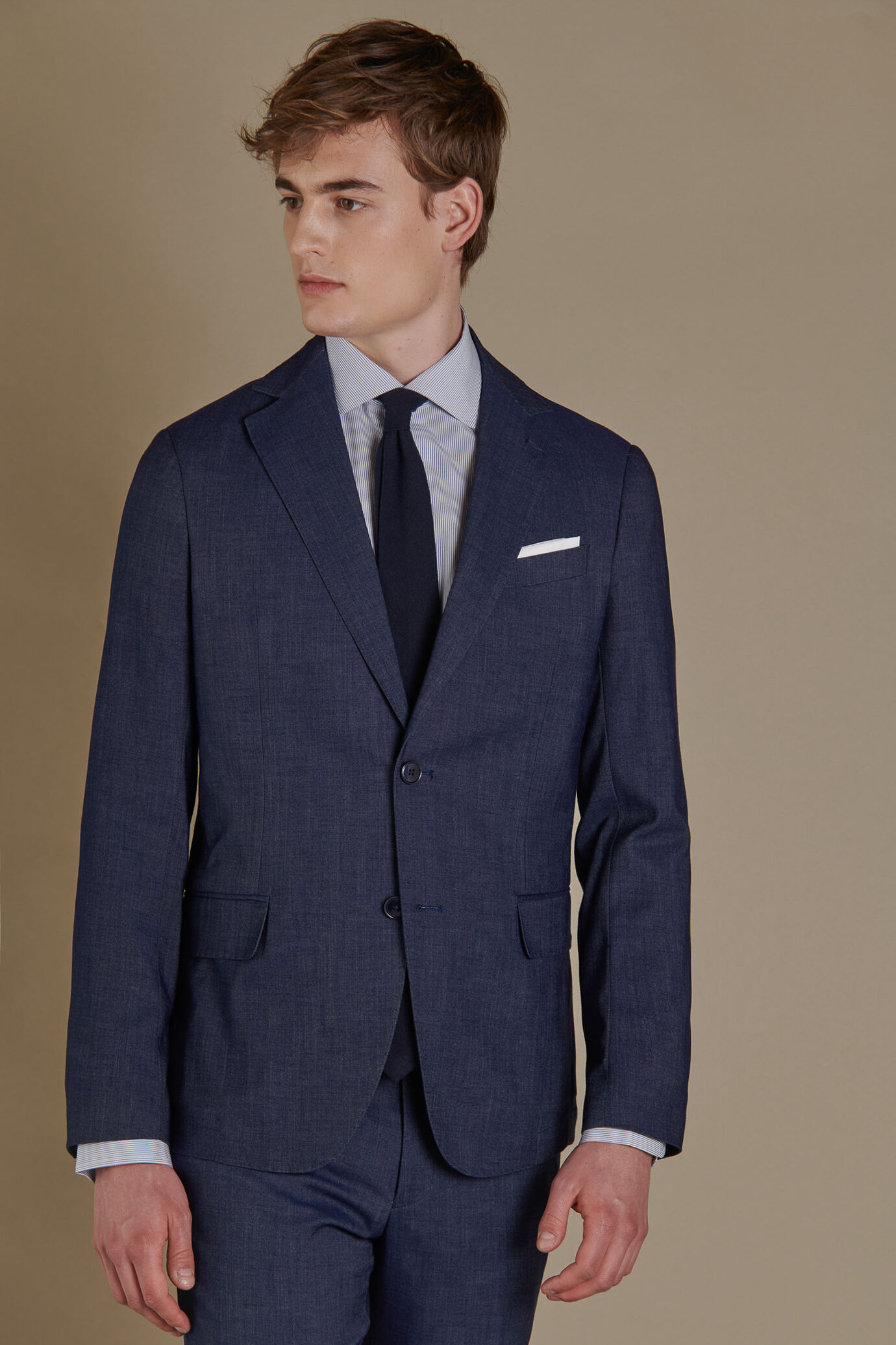 Single-breasted chambray effect suit and trousers with turn up image number 1