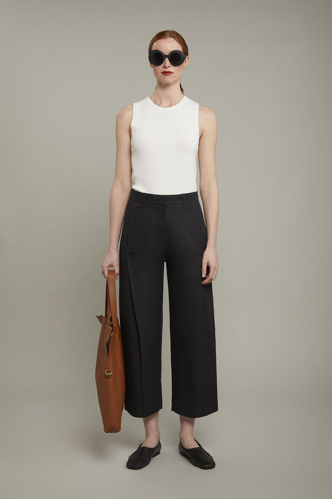 Pantalon femme à jambe large en lin et coton mélangés coupe régulière