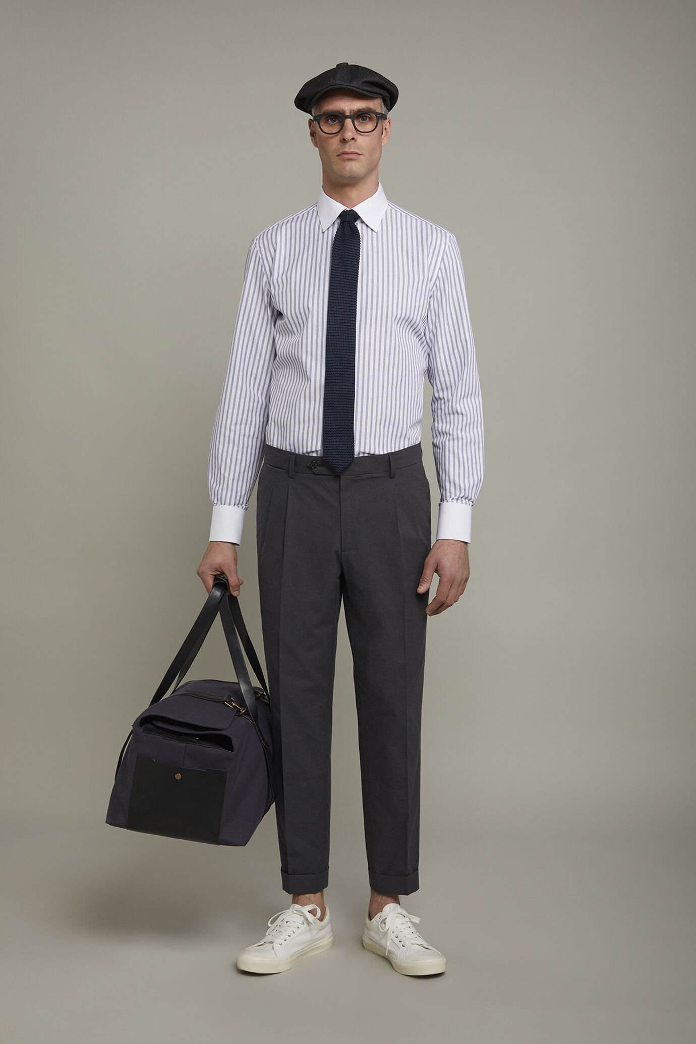 Chemise homme à col classique en tissu teint fil à fil 100 % coton à larges rayures coupe régulière