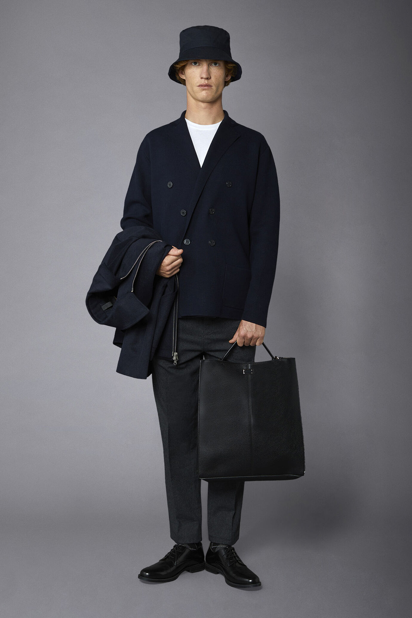 Genderless double-breasted cotton blend jersey knit regular fit cardigan image number 0
