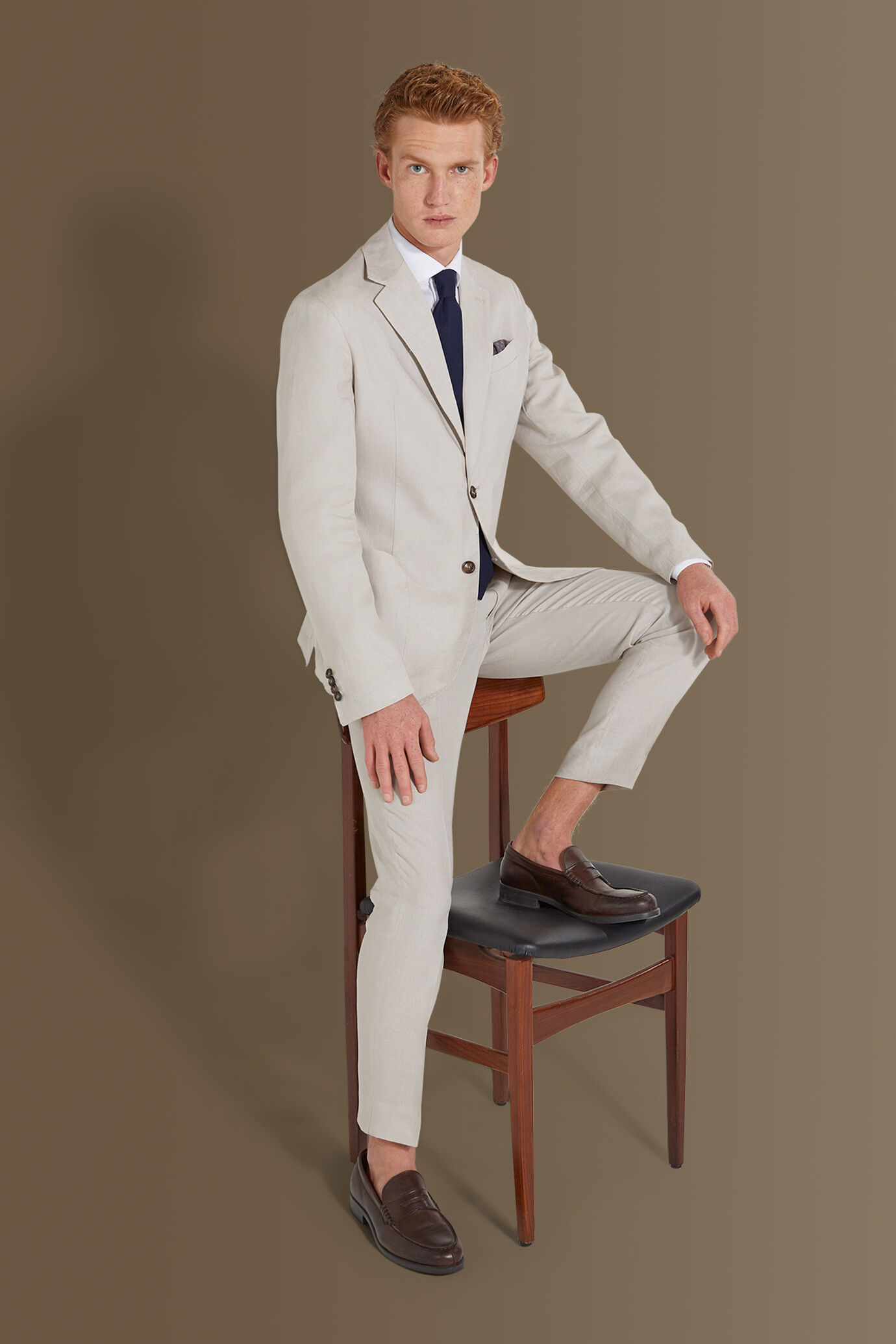 Single breasted suit flat trousers 100% linen made in Italy image number 0