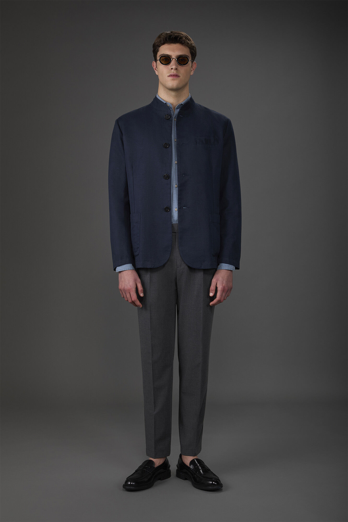 Men's unlined single-breasted jacket with mandarin collar